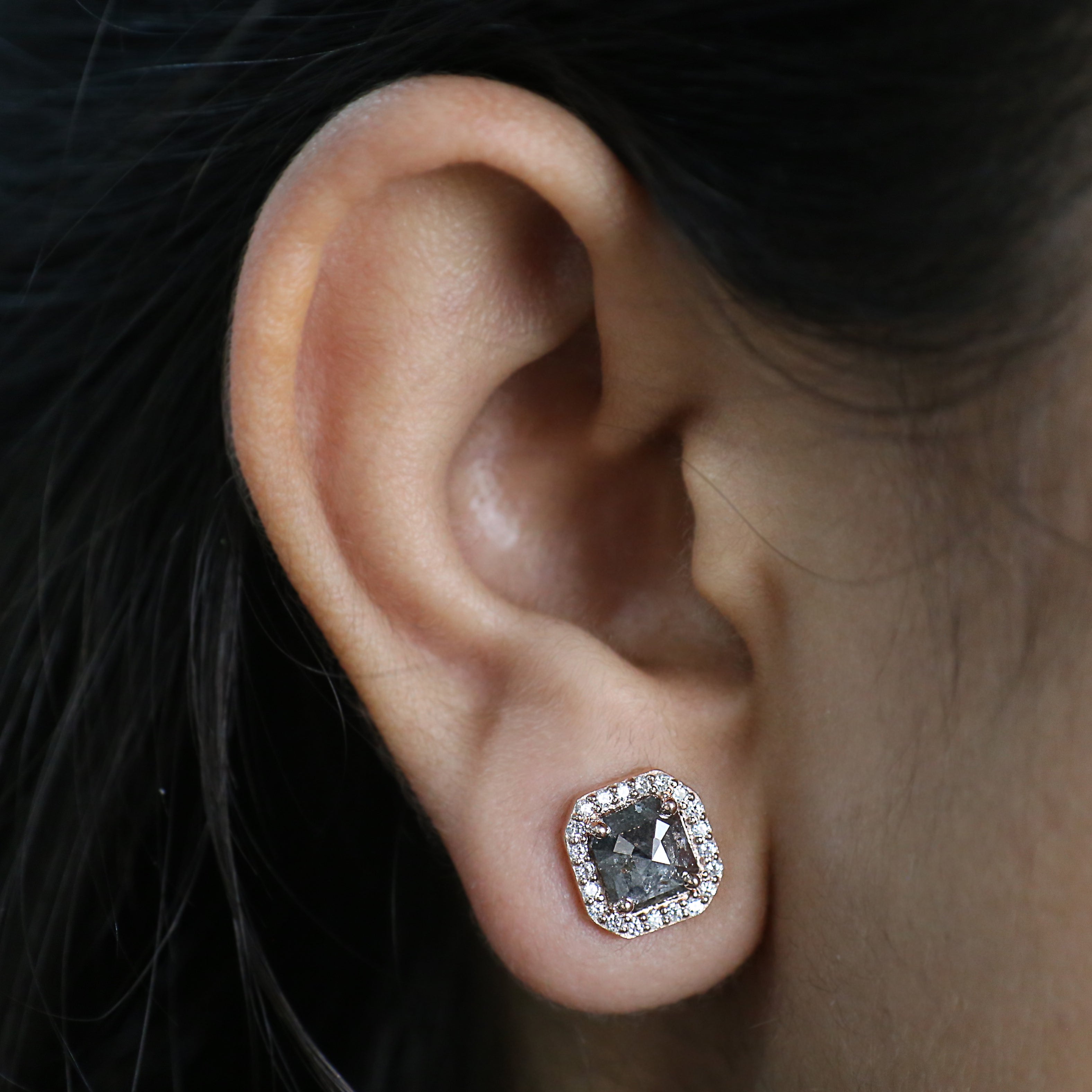 Emerald Shape Salt And Pepper Diamond Earring Emerald Earring Halo Set Earring Engagement Earring Earlobe Earrings Gift For Her KD860