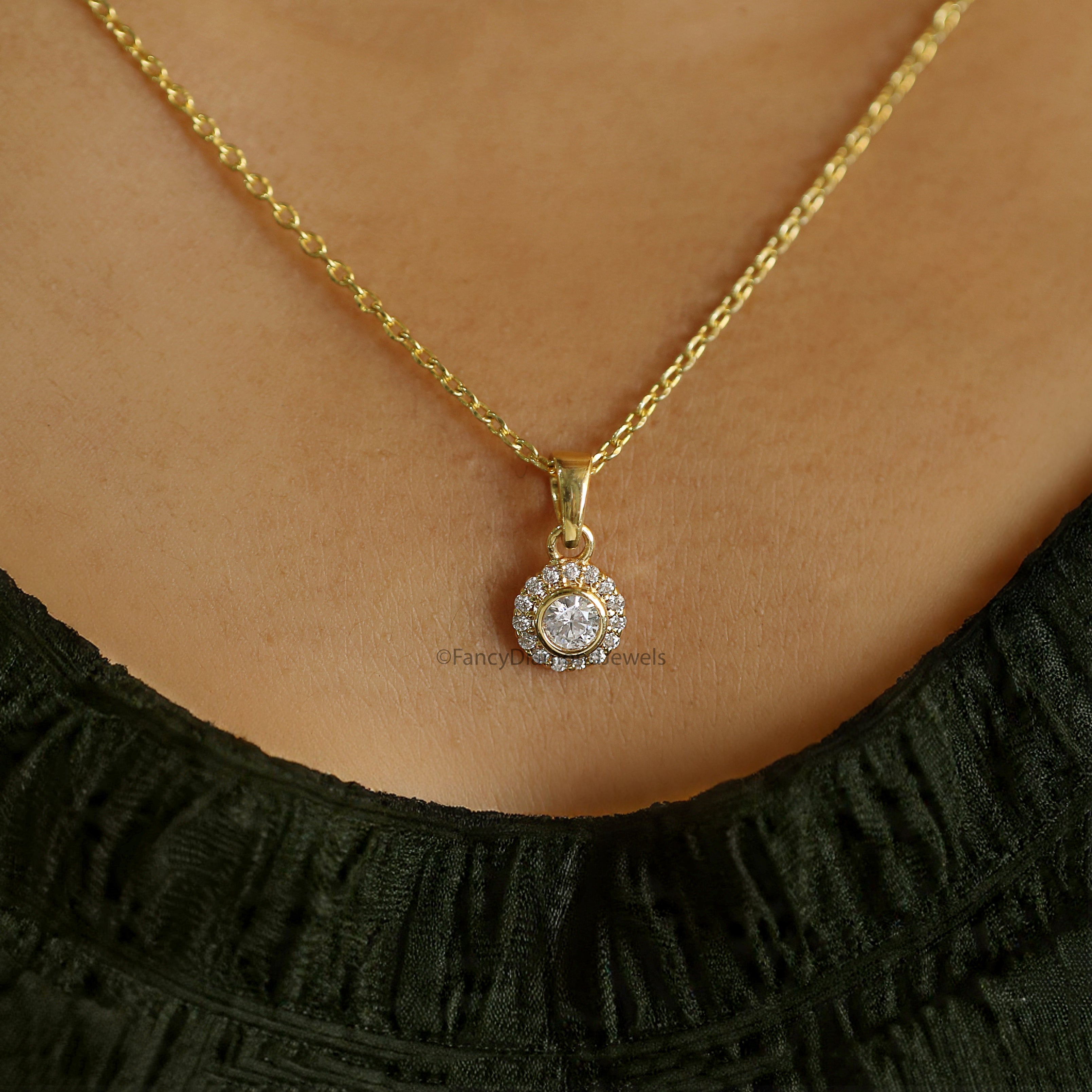 Round Brilliant Cut Moissanite Diamond Pendant, Unique Diamond Pendant, Halo With Bezel Setting Pendant, Dangling Diamond Pendant KD1004
