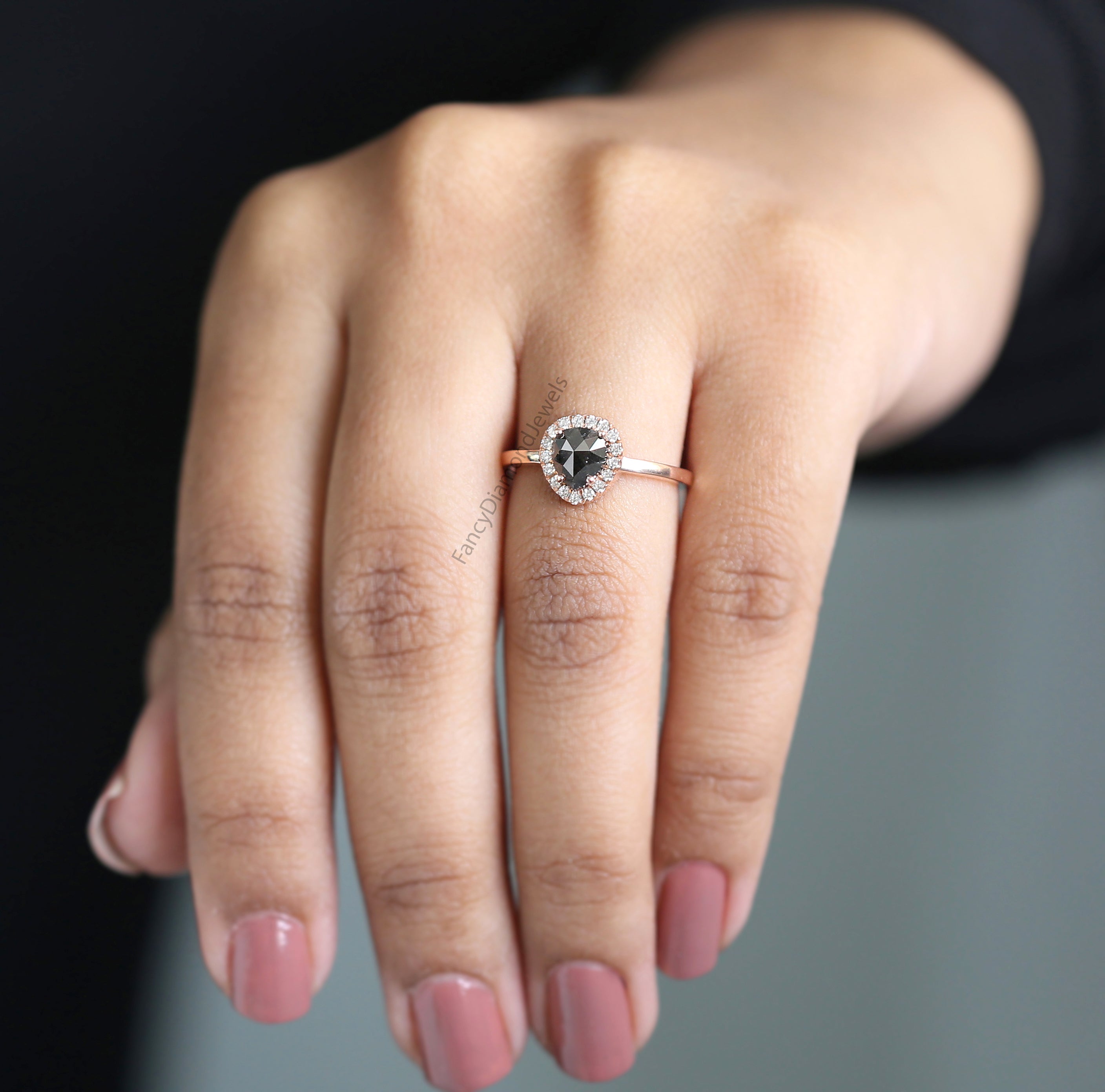 1.00 Ct Natural Pear Cut Salt And Pepper Diamond Ring 6.35 MM Pear Diamond Ring 14K Solid Rose Gold Silver Engagement Ring Pear Ring QN9348