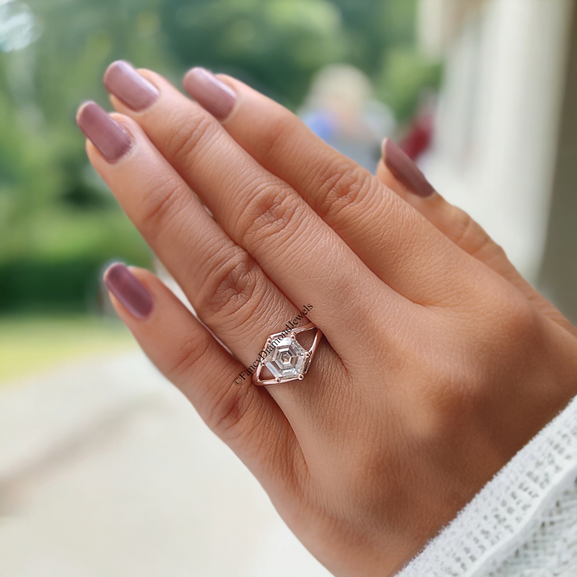 1.65 CT Hexagon Step Cut Colorless Moissanite Engagement Ring Six Round Prongs Solid Gold Wedding Ring Vintage Style Solitaire Ring FD91