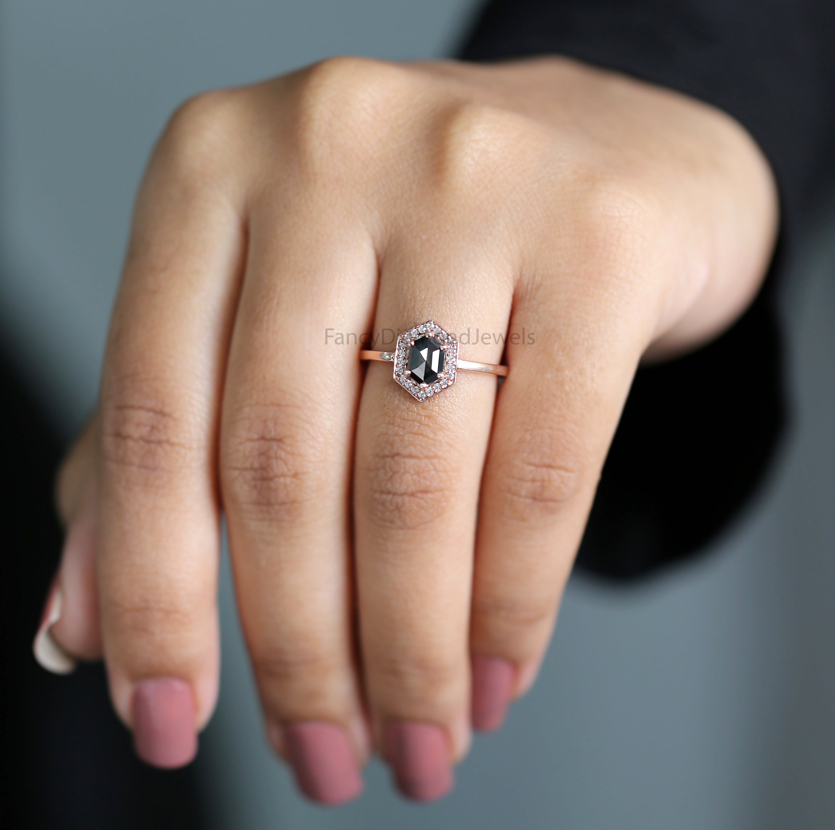 Hexagon Cut Black Color Diamond Ring 0.56 Ct 6.84 MM Hexagon Diamond Ring 14K Rose Gold Silver Hexagon Engagement Ring Gift For Her QN2233
