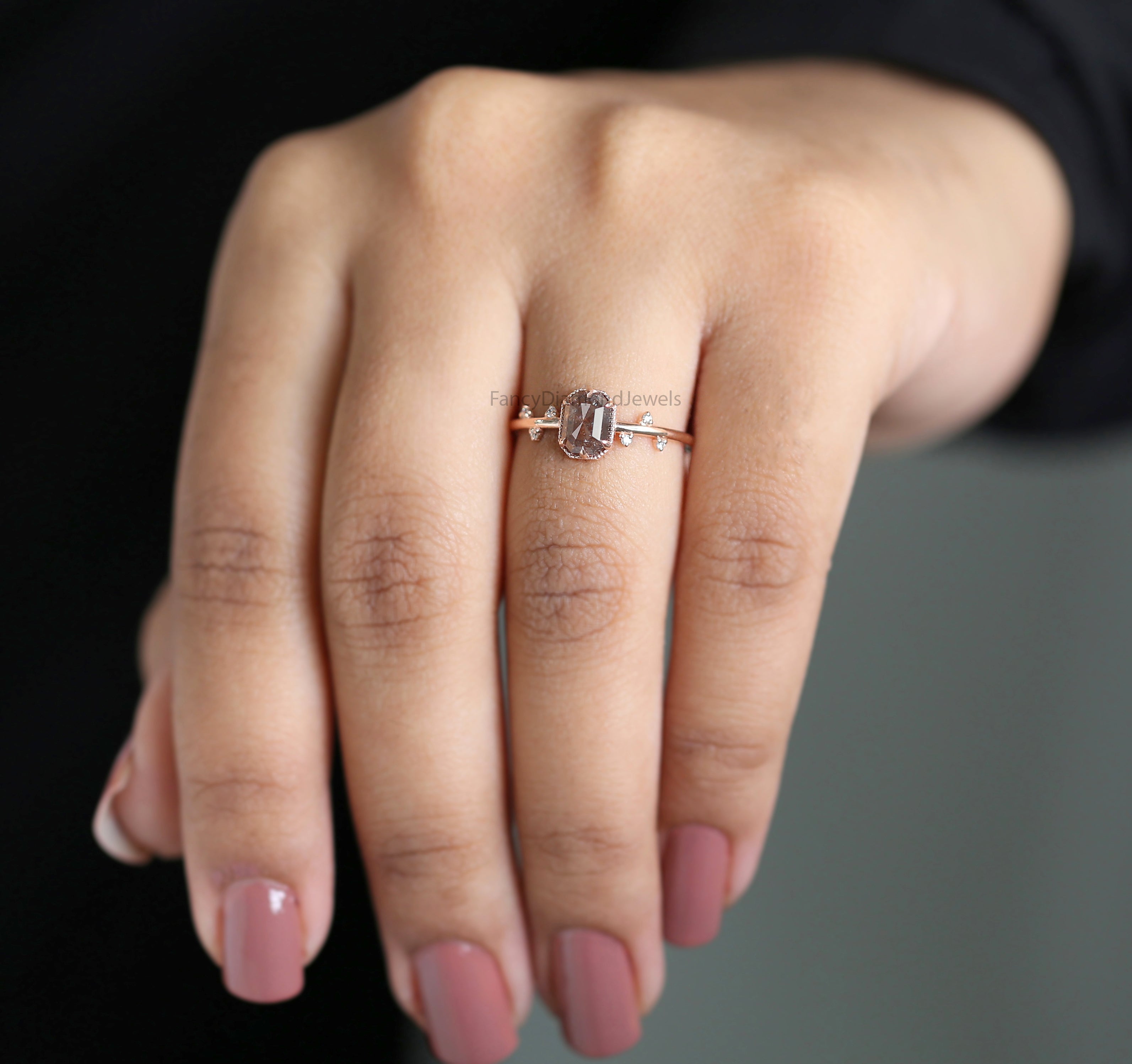 Emerald Cut Brown Color Diamond Ring 0.79 Ct 6.18 MM Emerald Shape Diamond Ring 14K Rose Gold Silver Engagement Ring Gift For Her QL652