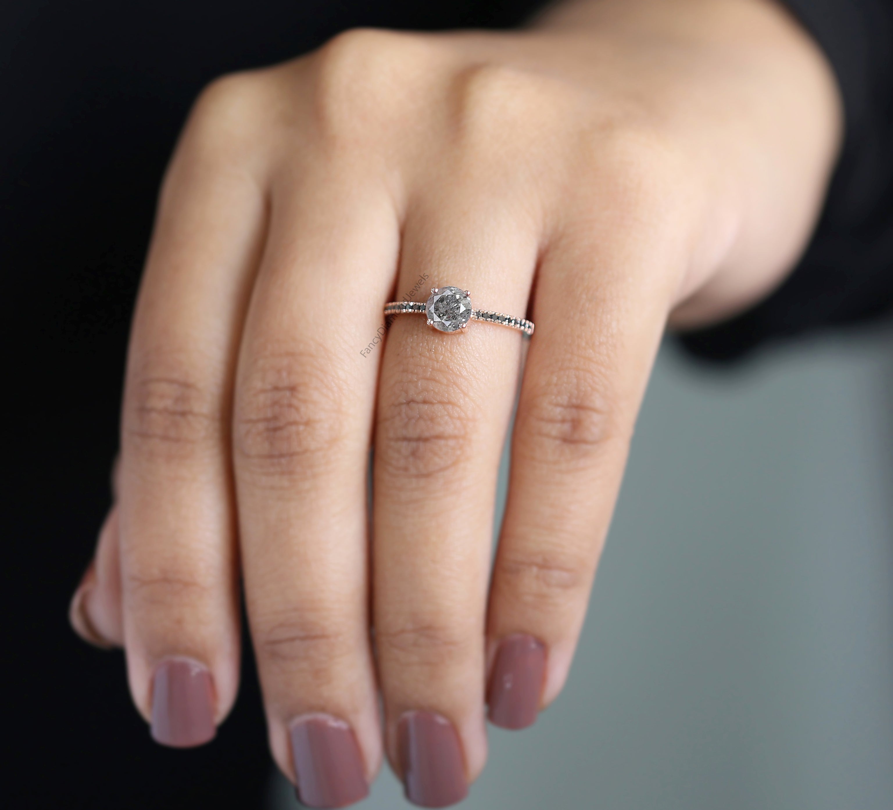 Round Cut Salt And Pepper Diamond Ring 0.87 Ct 5.80 MM Round Diamond Ring 14K Solid Rose Gold Silver Engagement Ring Gift For Her QN9140