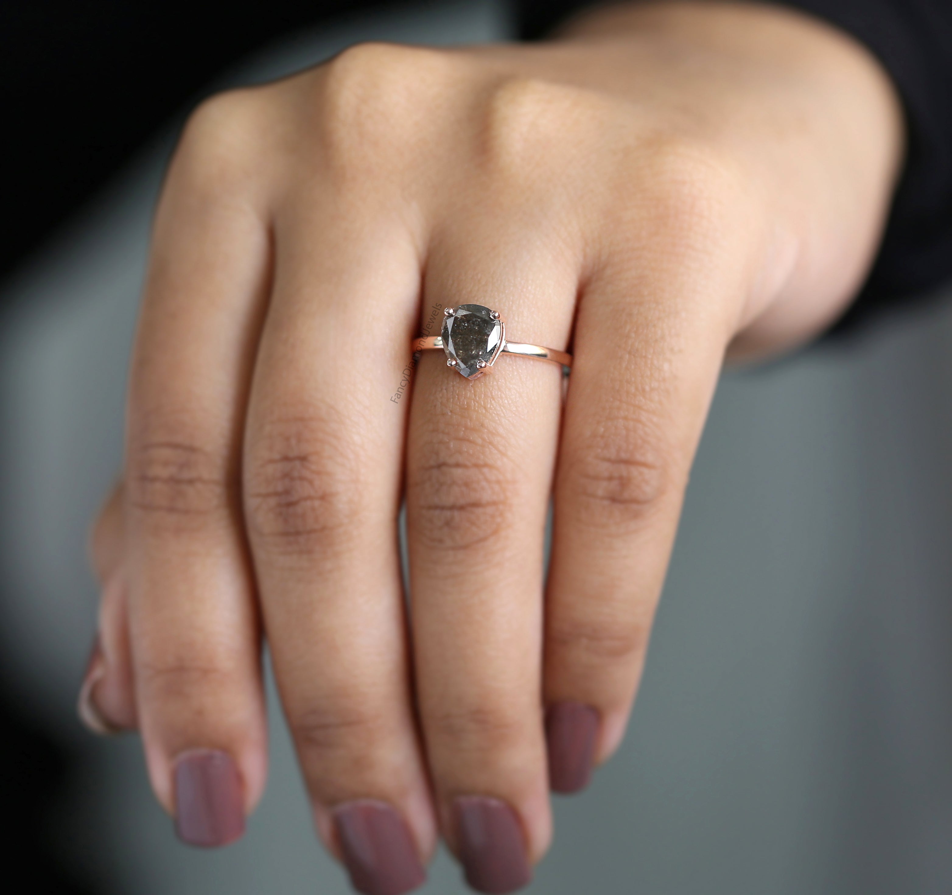 Pear Cut Salt And Pepper Diamond Ring 1.58 Ct 8.45 MM Pear Diamond Ring 14K Solid Rose Gold Silver Engagement Pear Ring Gift For Her QL1666