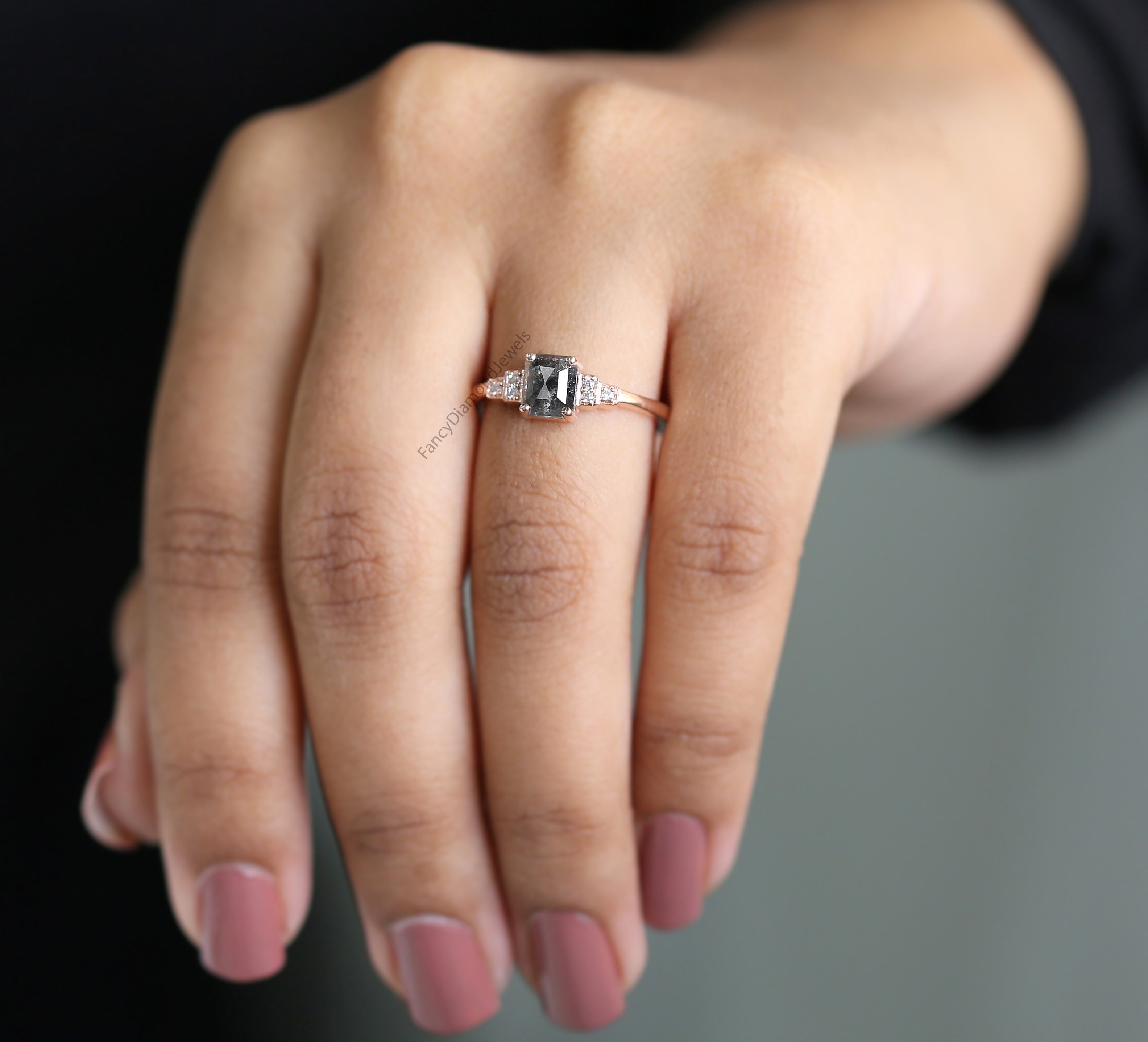 Emerald Salt And Pepper Diamond Ring 0.96 Ct 6.25 MM Emerald Diamond Ring 14K Solid Rose Gold Silver Engagement Ring Gift For Her QL1205