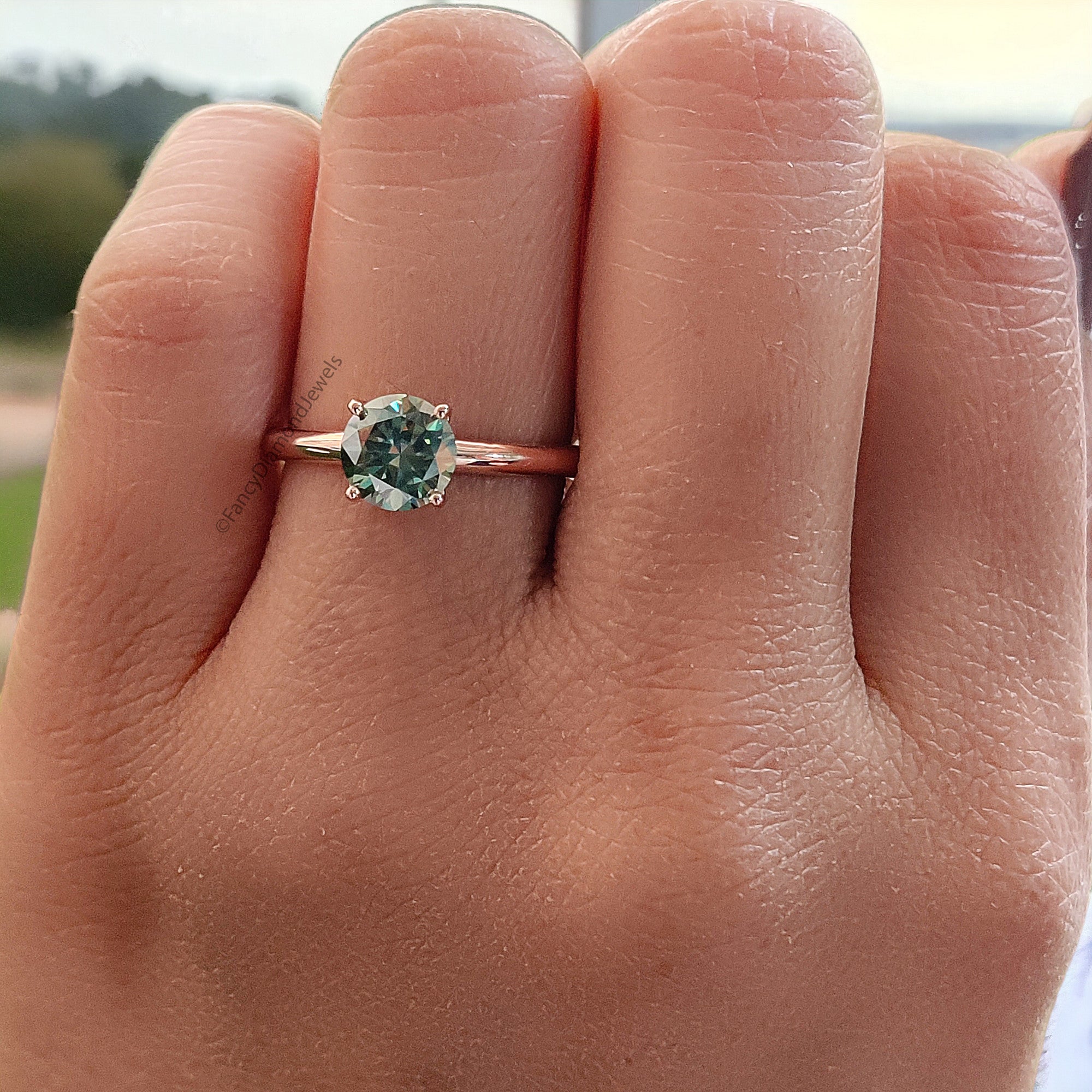 0.80 CT Aqua Blue Green Round Brilliant Moissanite Ring 10k/14k/18k Solid Rose Gold Ring Solitaire Engagement Ring Moissanite Ring FD13