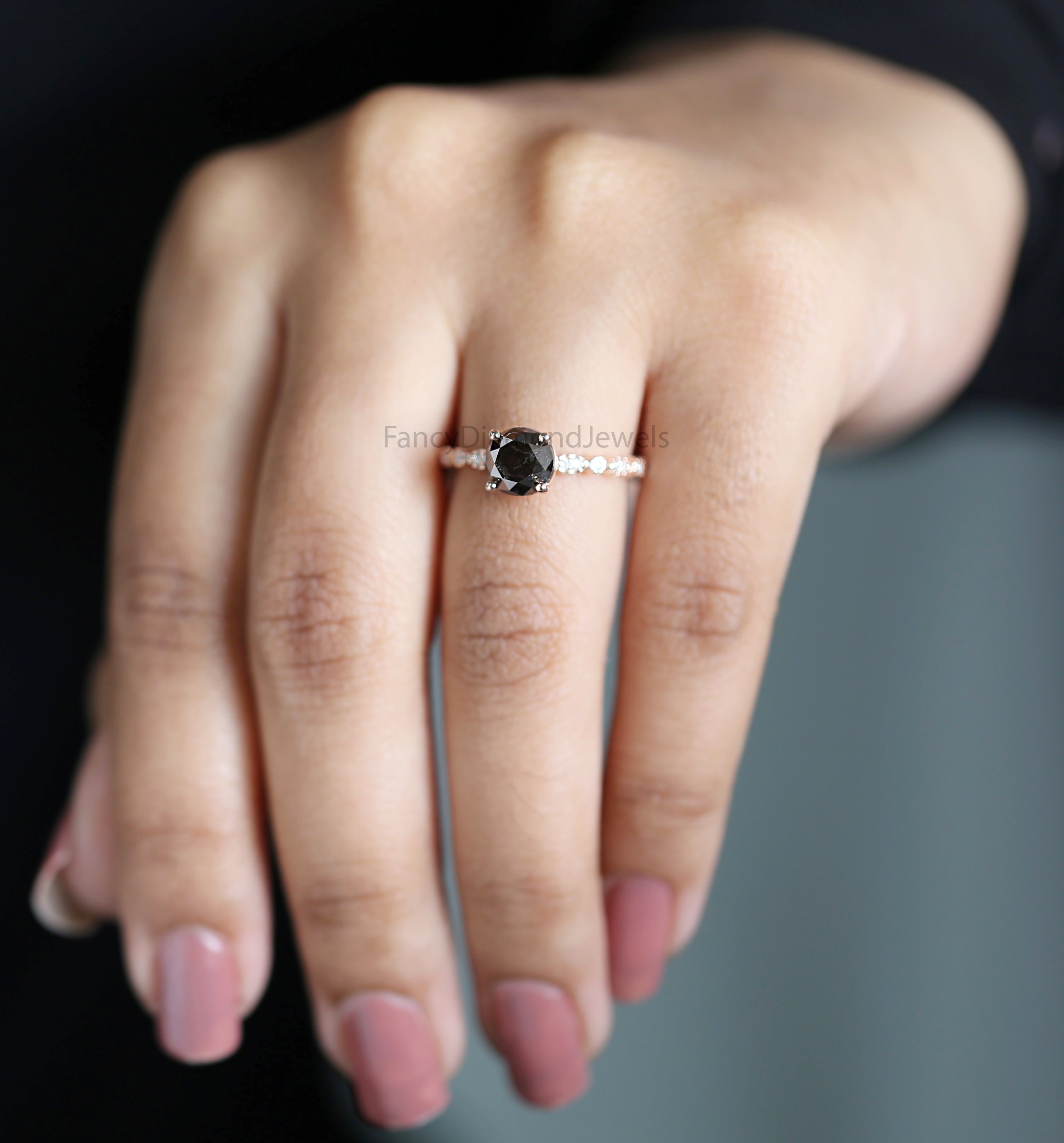 Round Cut Black Color Diamond Ring 1.50 Ct 6.60 MM Round Shape Diamond Ring 14K Solid Rose Gold Silver Engagement Ring Gift For Her QL3070
