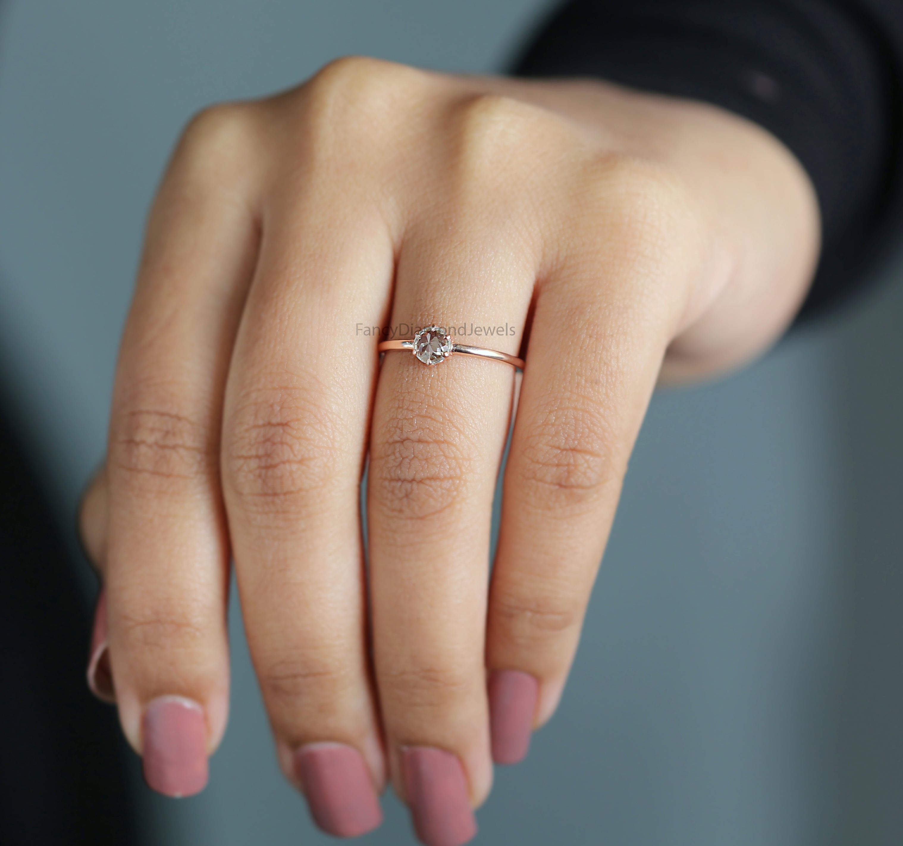 Round Rose Cut Salt And Pepper Diamond Ring 0.39 Ct 4.71 MM Round Diamond Ring 14K Rose Gold Silver Engagement Ring Gift For Her QN2238