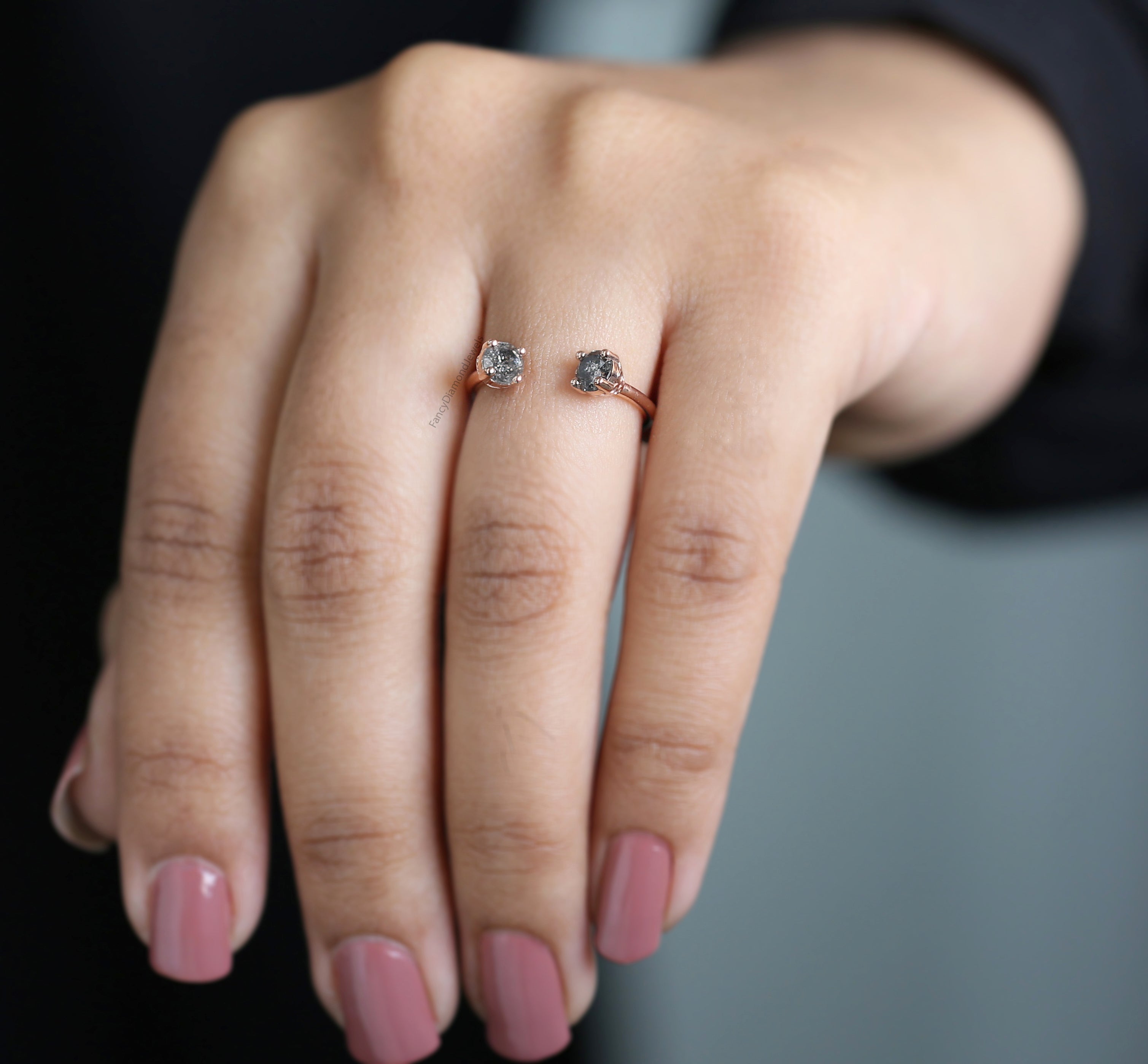 Round Cut Salt And Pepper Diamond Ring 0.63 Ct 4.25 MM Round Diamond Ring 14K Solid Rose Gold Silver Engagement Ring Gift For Her QL1377
