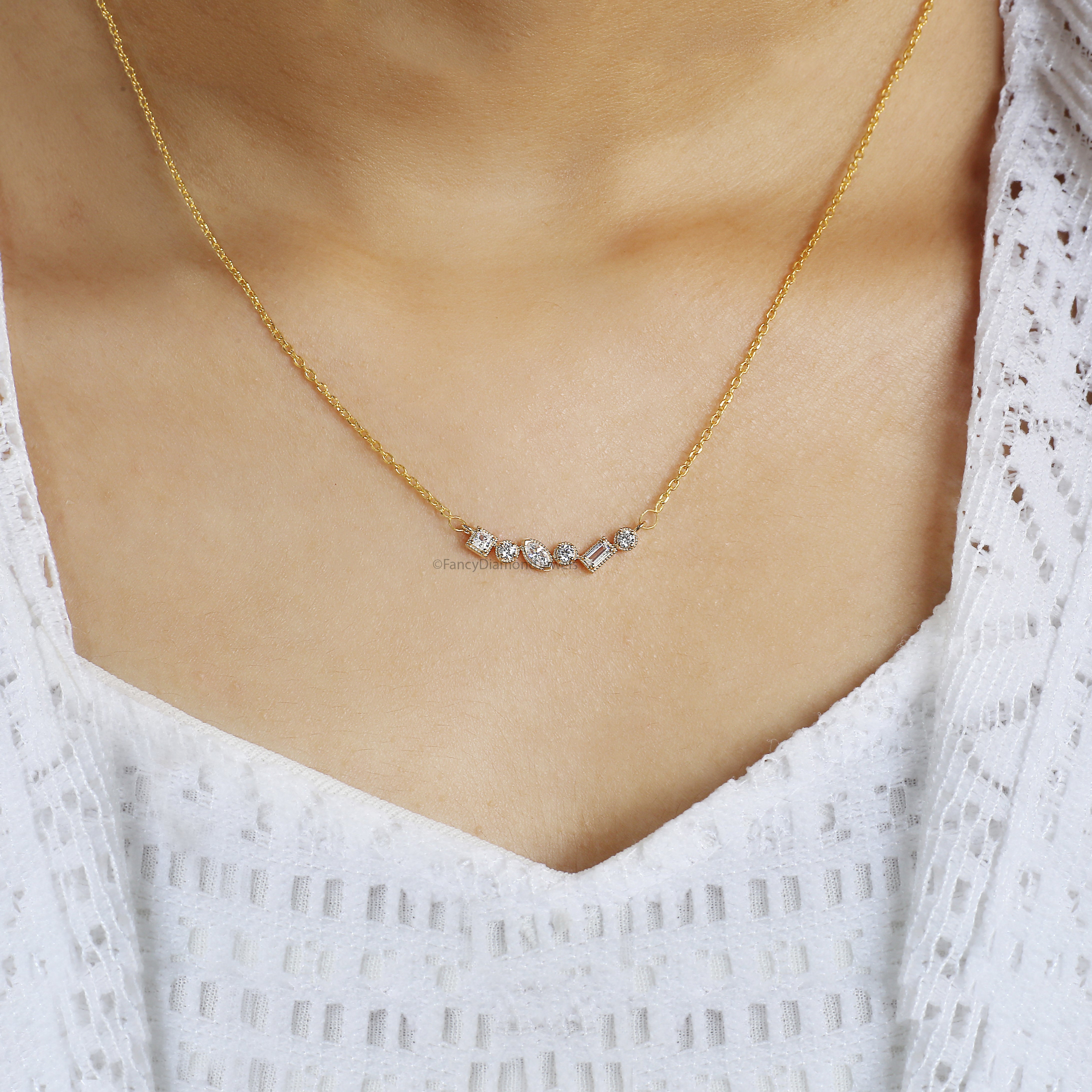 Mix Shape Cut CZ Diamond Necklace Yellow Silver handmade jewelry Necklace Mix Shape prong basket set Necklace With Chain FD482
