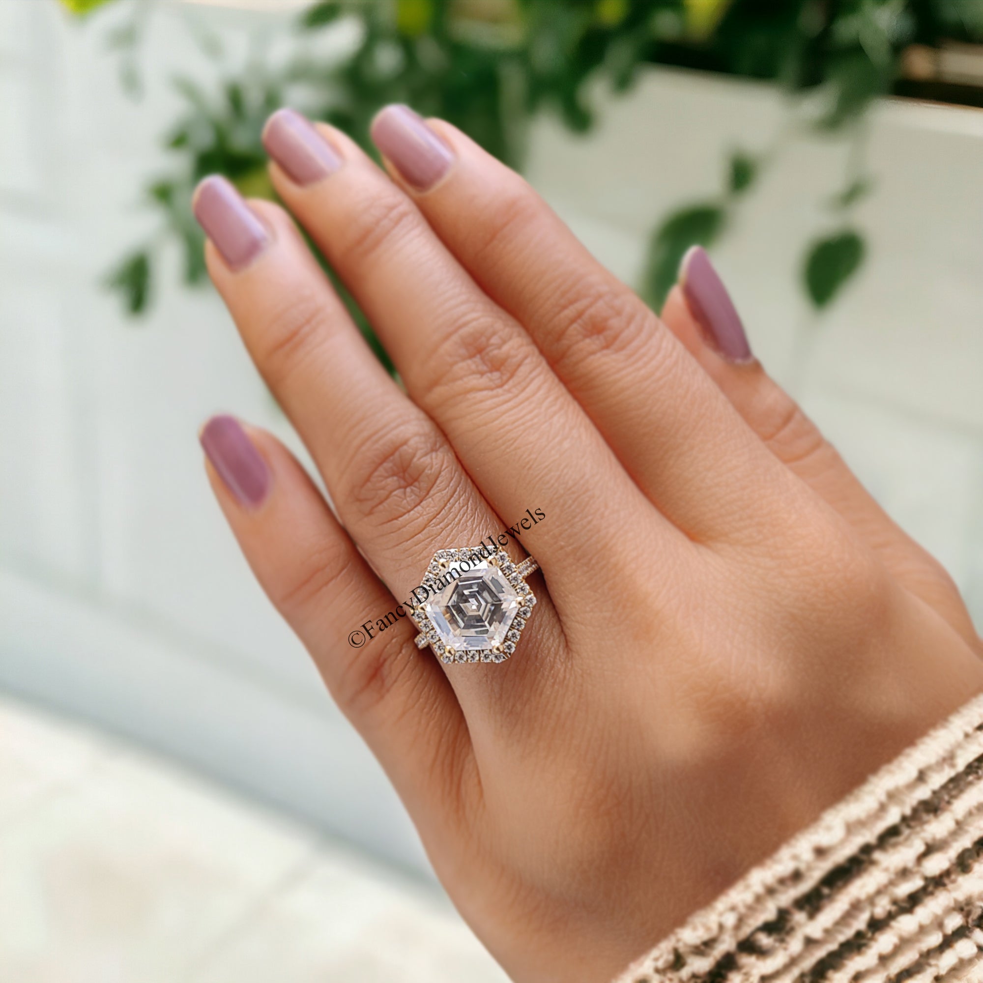 3.10 CT Hexagon And Round Cut Colorless Moissanite Halo Engagement Ring Prong Set Wedding Ring Cathedral Ring Anniversary Gift Ring FD101