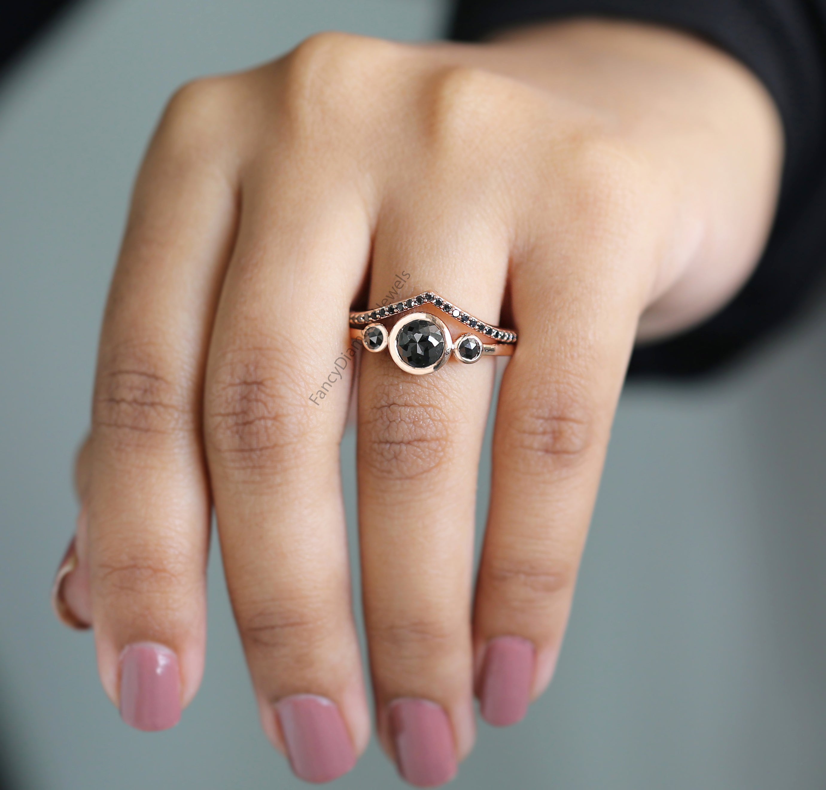 Round Rose Cut Black Color Diamond Ring 1.07 Ct 6.55 MM Round Shape Diamond Ring 14K Rose Gold Silver Engagement Ring Gift For Her QL3031