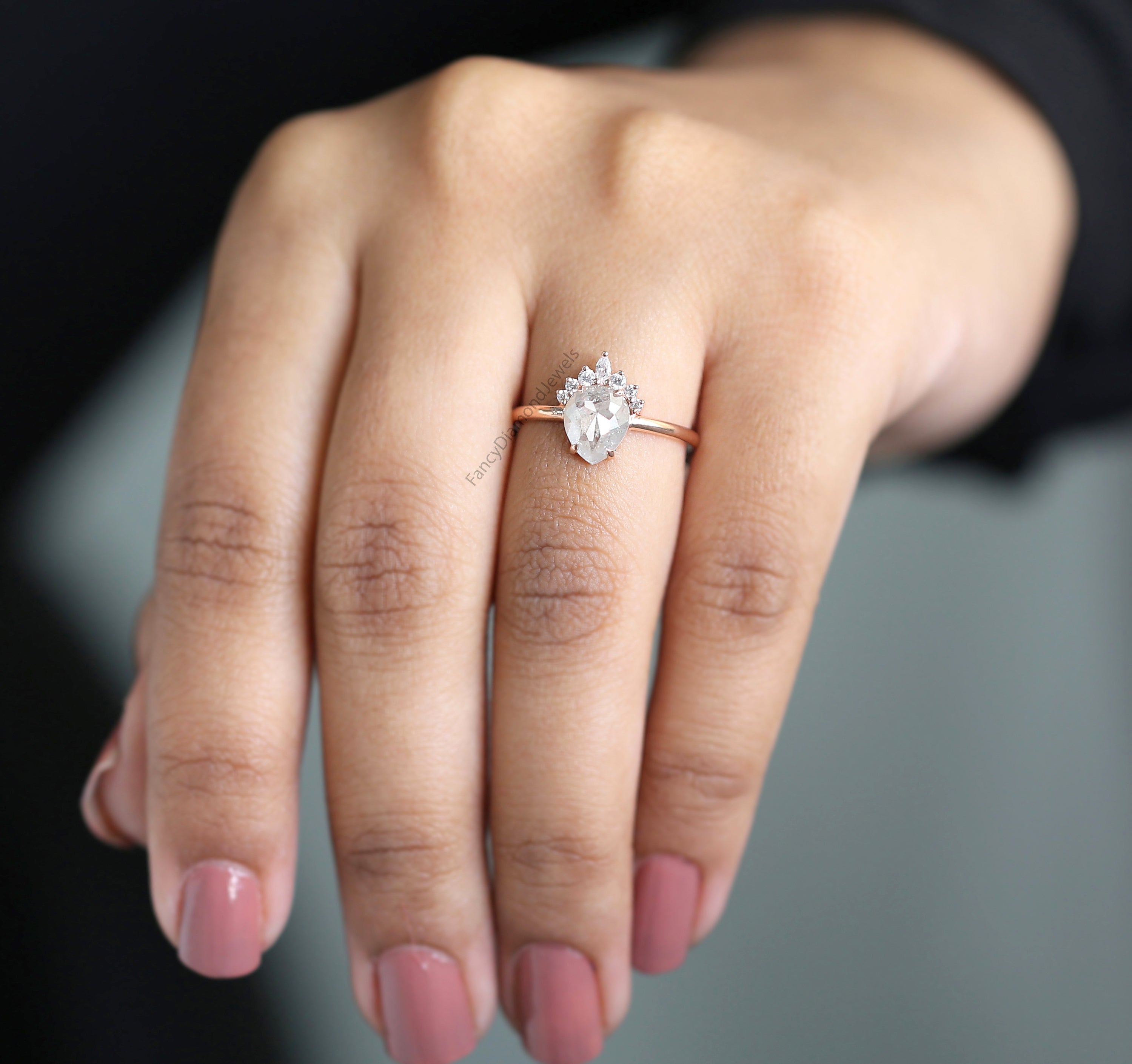 Pear Cut Grey Color Diamond Ring 1.06 Ct 7.80 MM Pear Shape Diamond Ring 14K Solid Rose Gold Silver Pear Engagement Ring Gift For Her QN8862