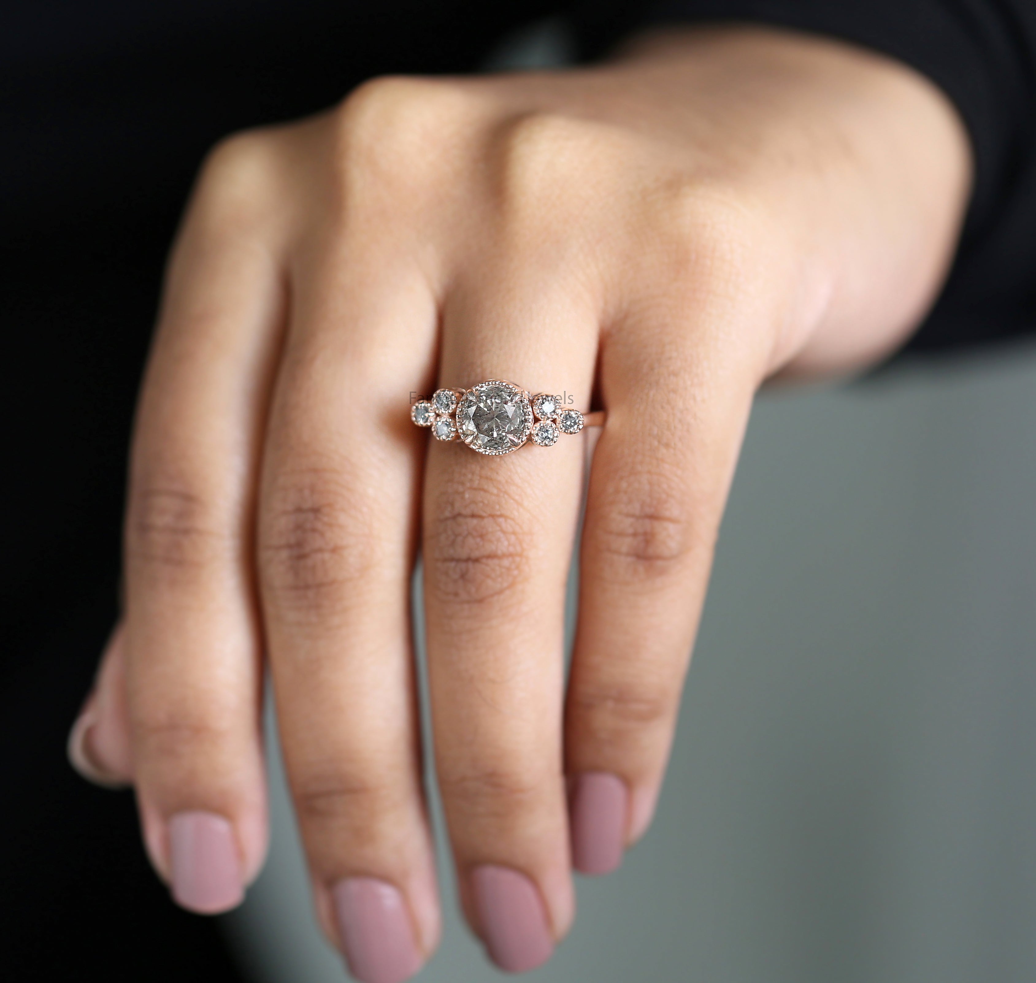 Round Cut Salt And Pepper Diamond Ring 1.57 Ct 6.90 MM Round Diamond Ring 14K Solid Rose Gold Silver Engagement Ring Gift For Her QL8546
