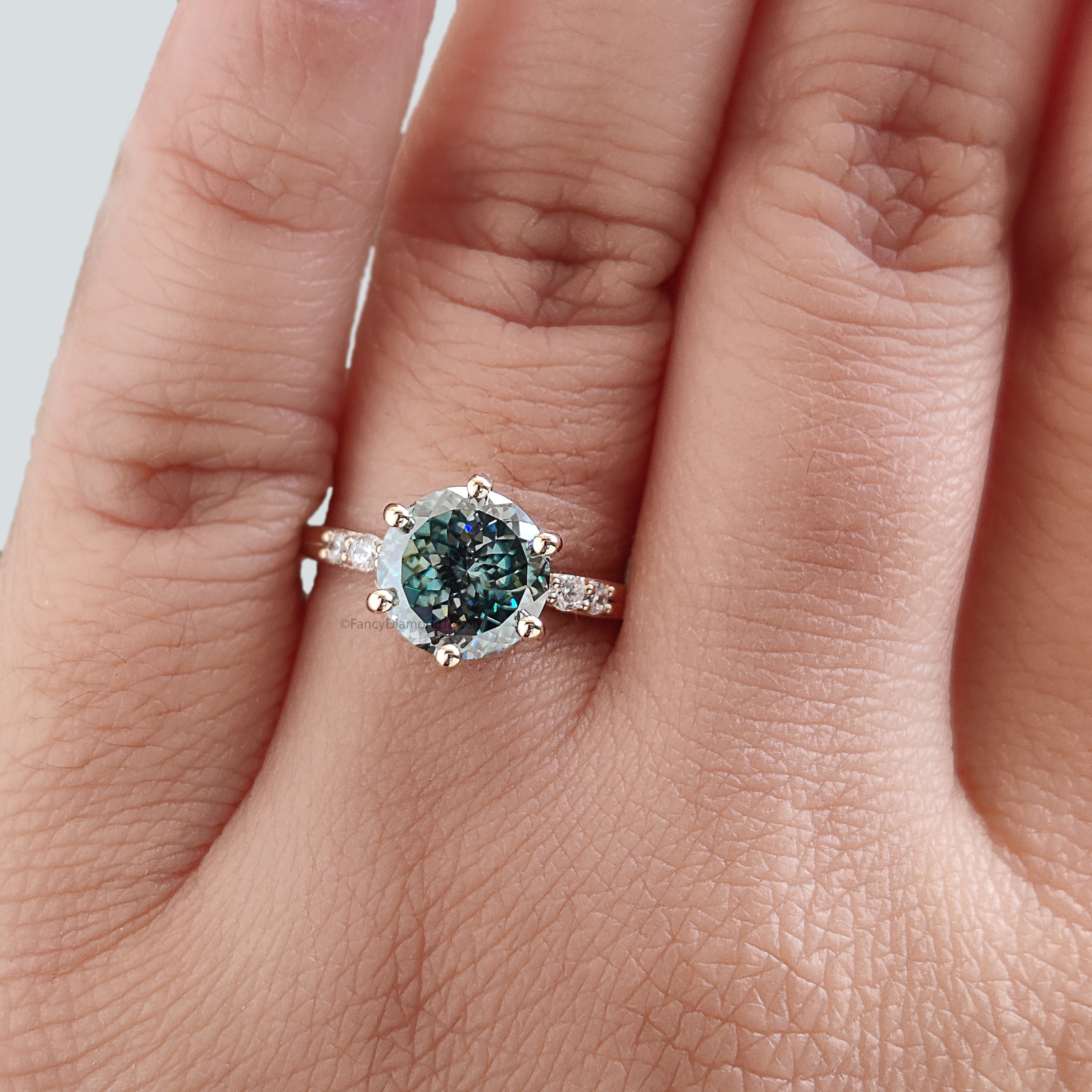 Round Portuguese Cut Blue Green Moissanite Engagement Ring Yellow Gold Ring Vintage Ring Crossover Band Wedding Ring Gift For Her FD475