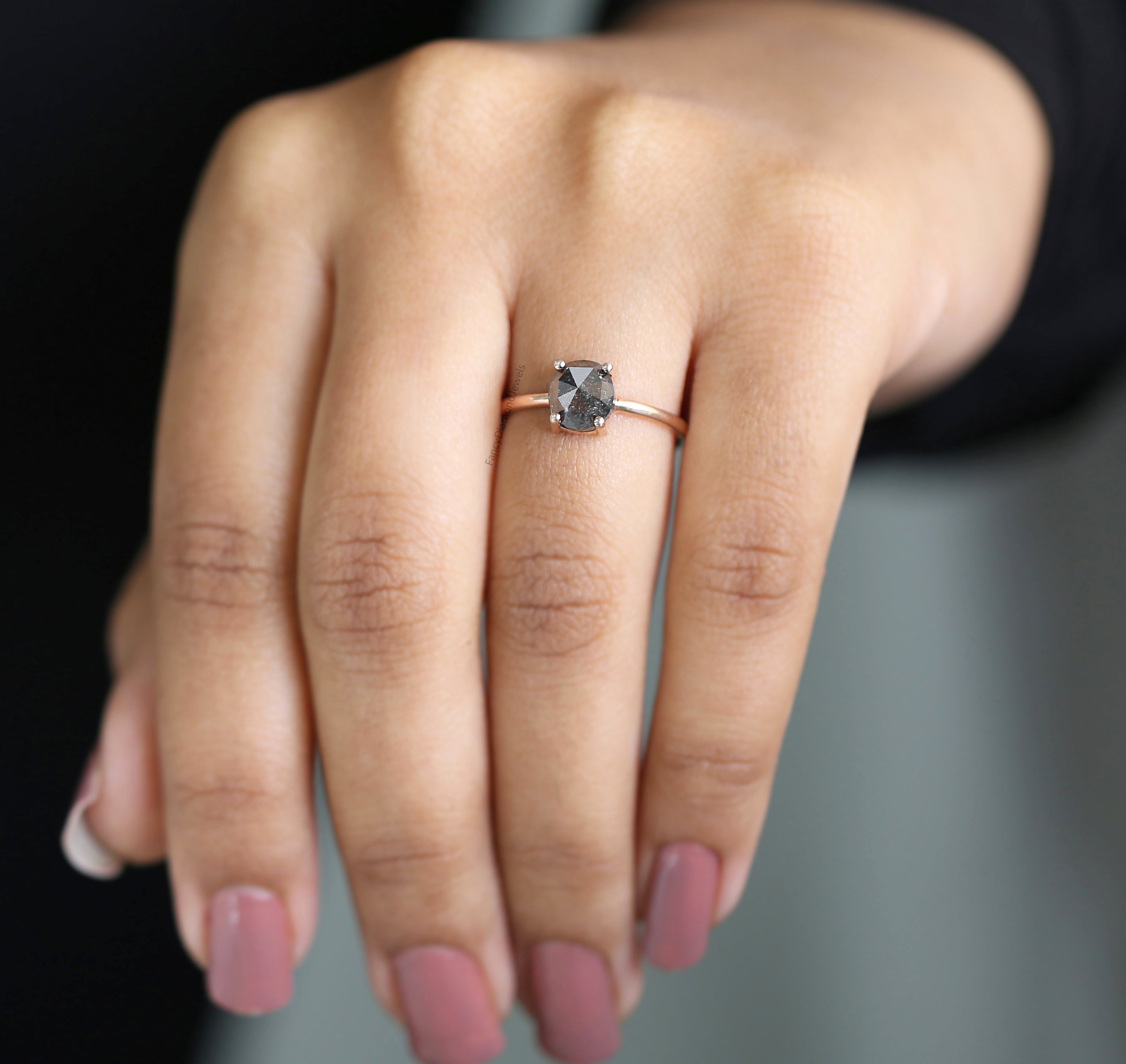Oval Cut Salt And Pepper Diamond Ring 1.57 Ct 6.90 MM Oval Diamond Ring 14K Solid Rose Gold Silver Oval Engagement Ring Gift For Her QK1953