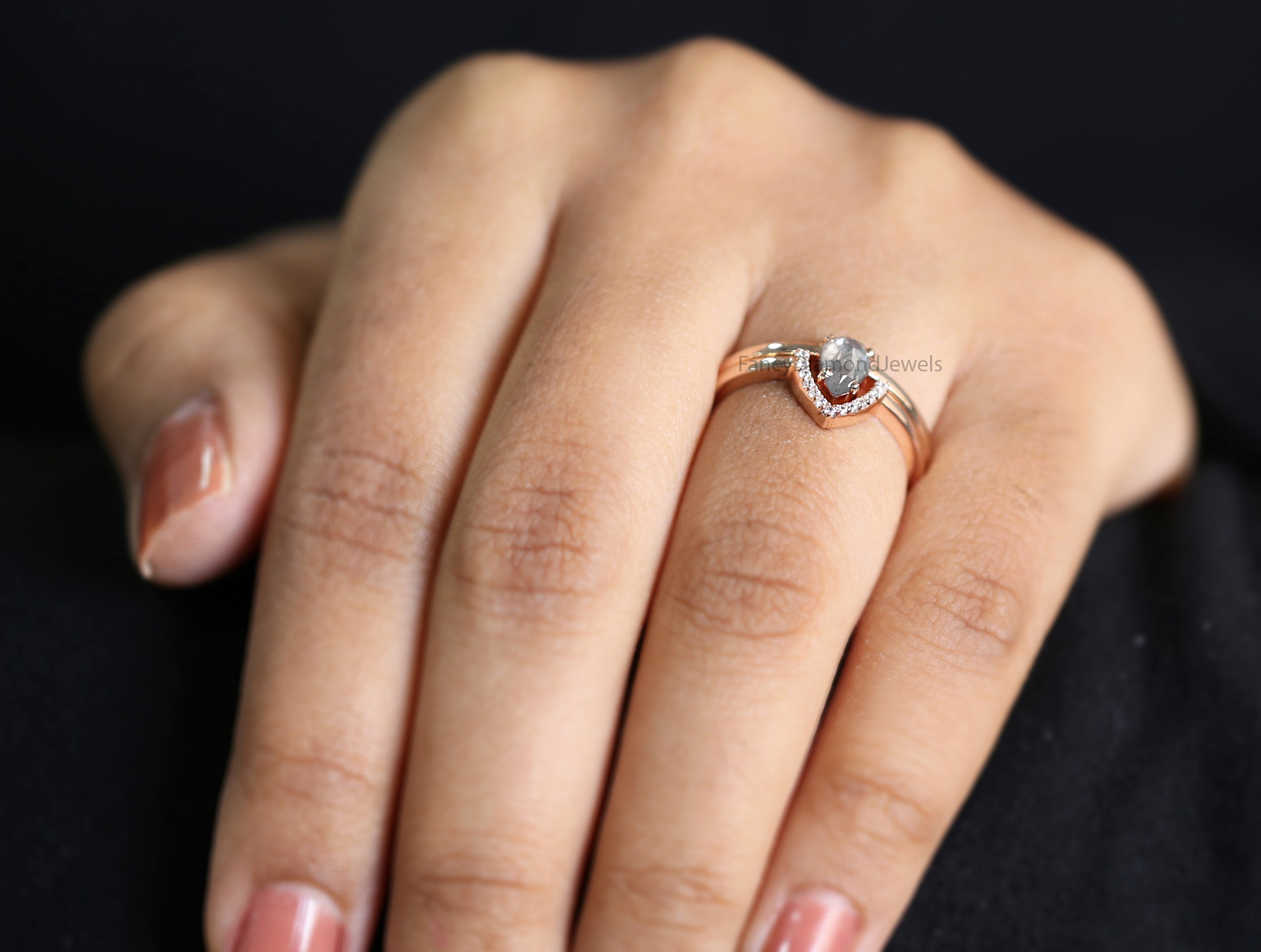 Pear salt and pepper Diamond Ring, Salt and pepper Pear Diamond Engagement Ring, Pear Diamond Ring, Pear Ring, Pear Bridal Ring Set, KD1112