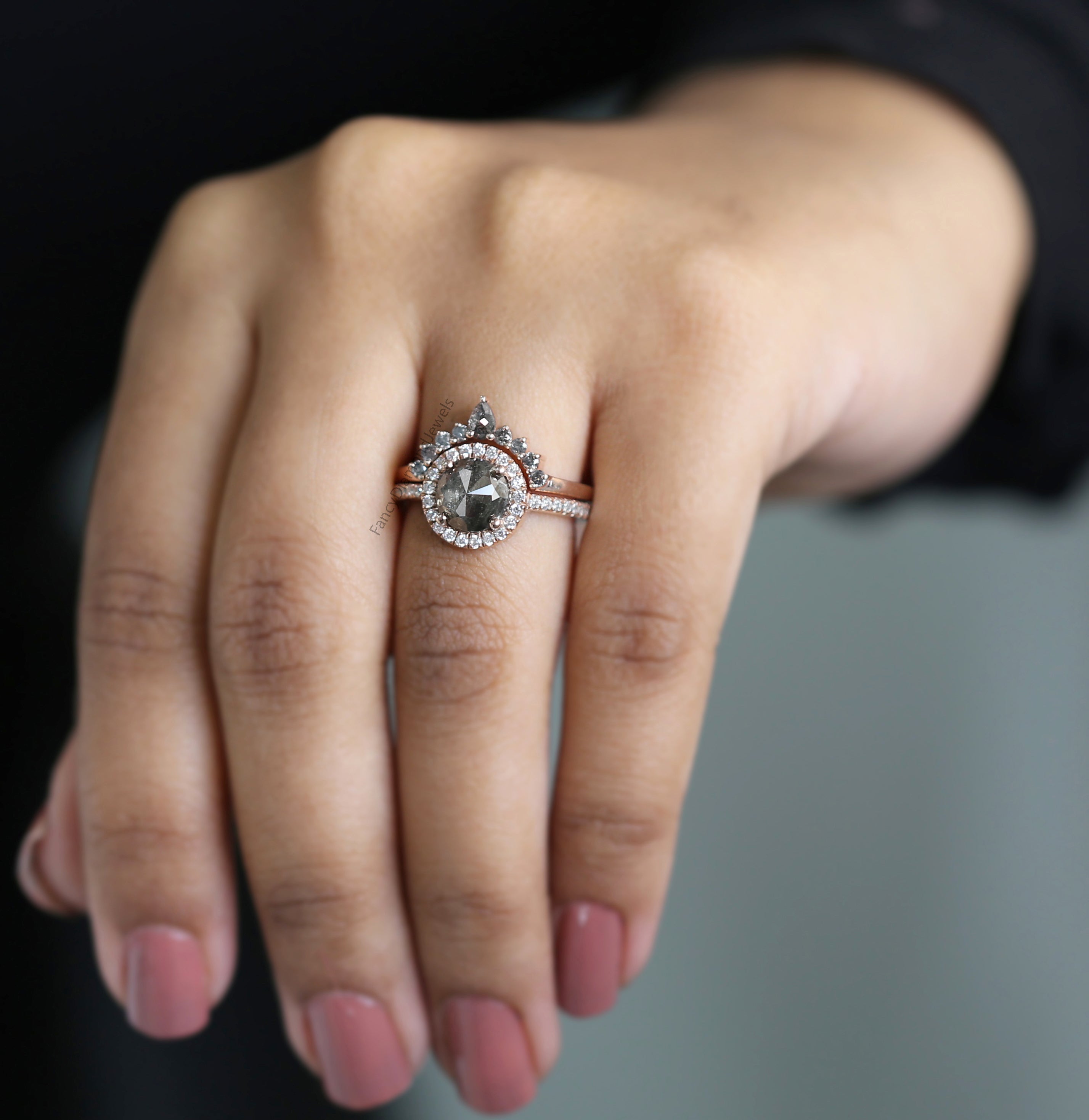 Round Rose Cut Salt And Pepper Diamond Ring 1.69 Ct 7.36 MM Round Diamond Ring 14K Rose Gold Silver Engagement Ring Gift For Her QL1949