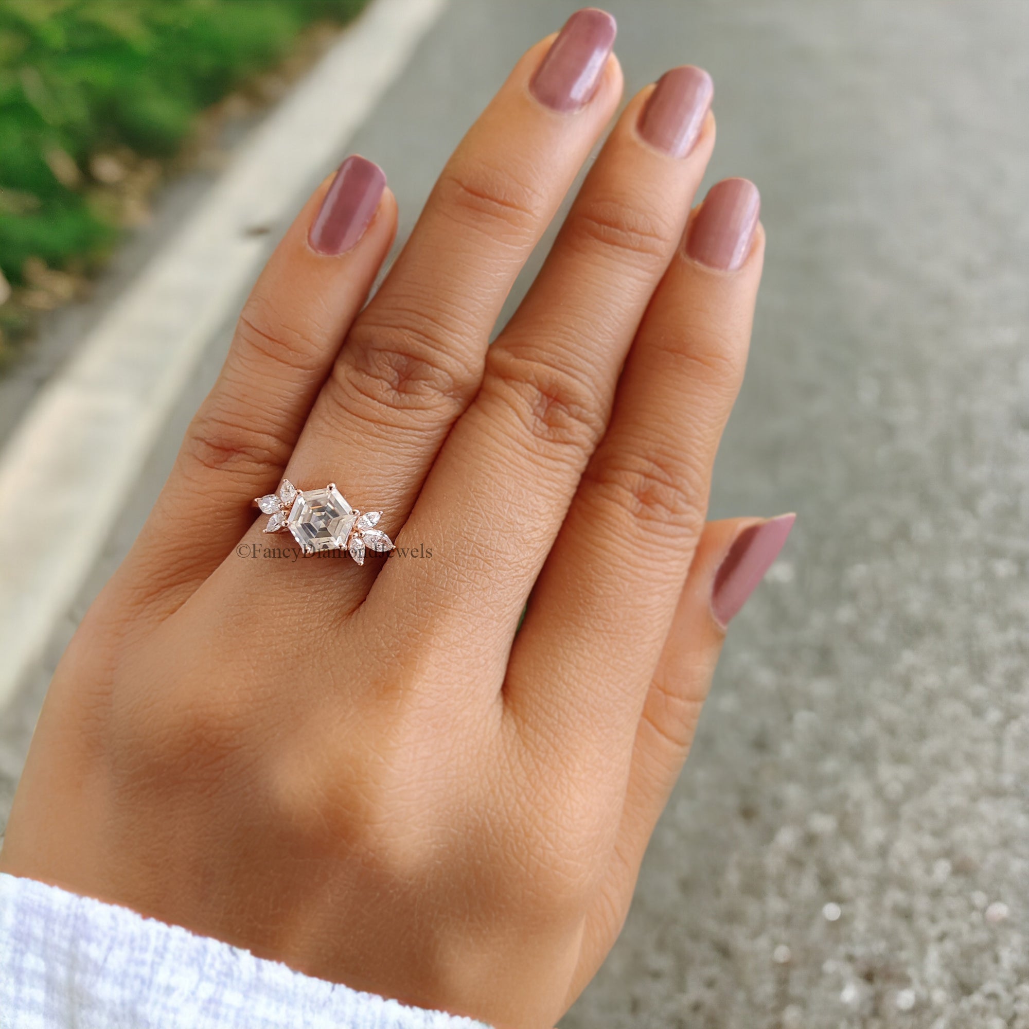 Hexagon cut Moissanite engagement ring Rose gold vintage Unique Marquise Diamond Cluster engagement ring delicate wedding Bridal ring FD104
