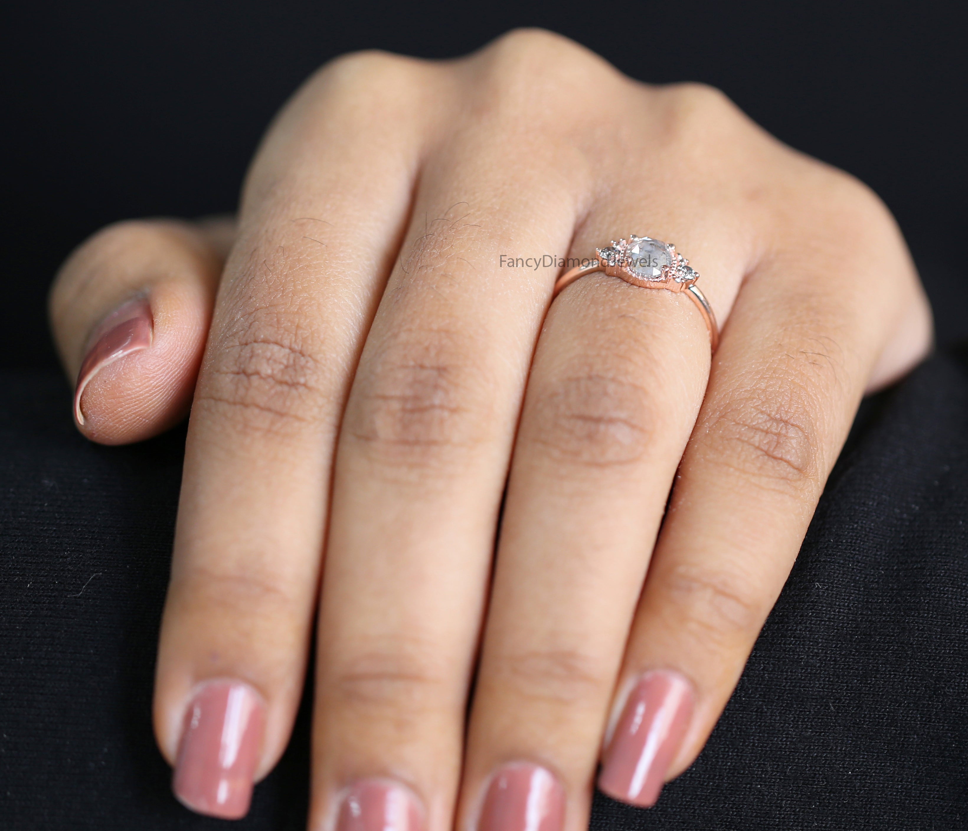 Oval Cut Salt And Pepper Diamond Ring 0.68 Ct 6.27 MM Oval Diamond Ring 14K Solid Rose Gold Silver Oval Engagement Ring Gift For Her QN2185