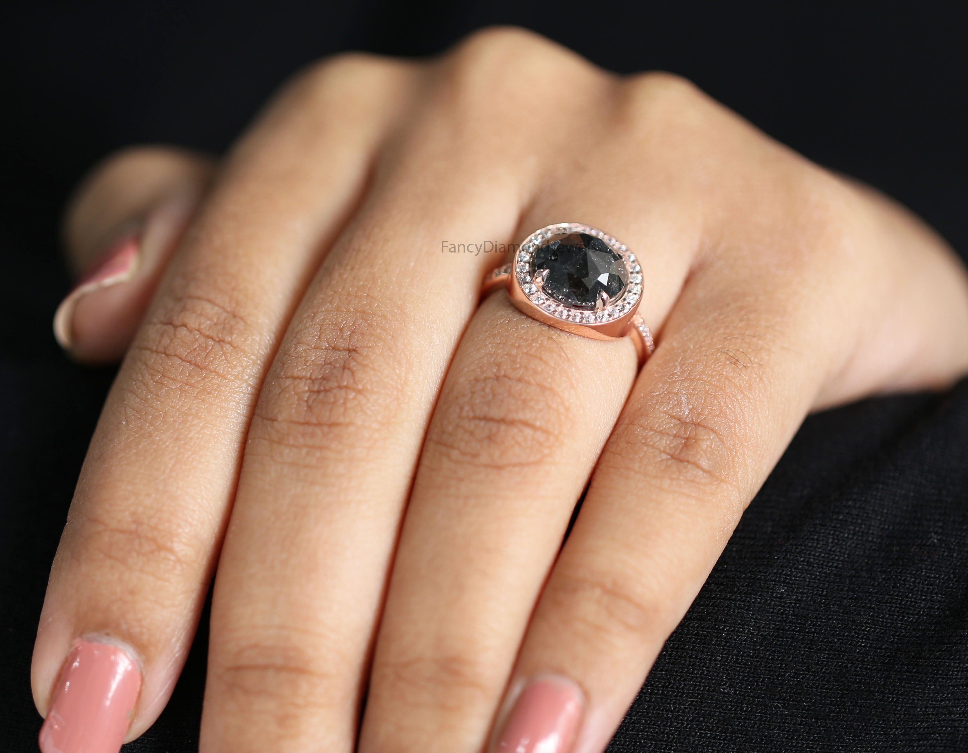 Round Rose Cut Salt And Pepper Diamond Ring 3.60 Ct 9.29 MM Round Diamond Ring 14K Rose Gold Silver Engagement Ring Gift For Her QL2130