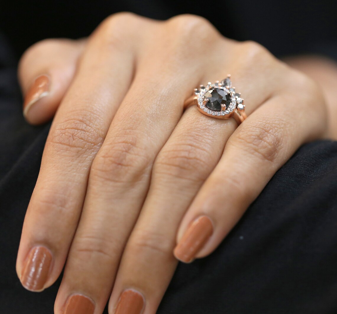 Round Rose Cut Salt And Pepper Diamond Ring 1.86 Ct 7.50 MM Round Diamond Ring 14K Rose Gold Silver Engagement Ring Gift For Her QL1303