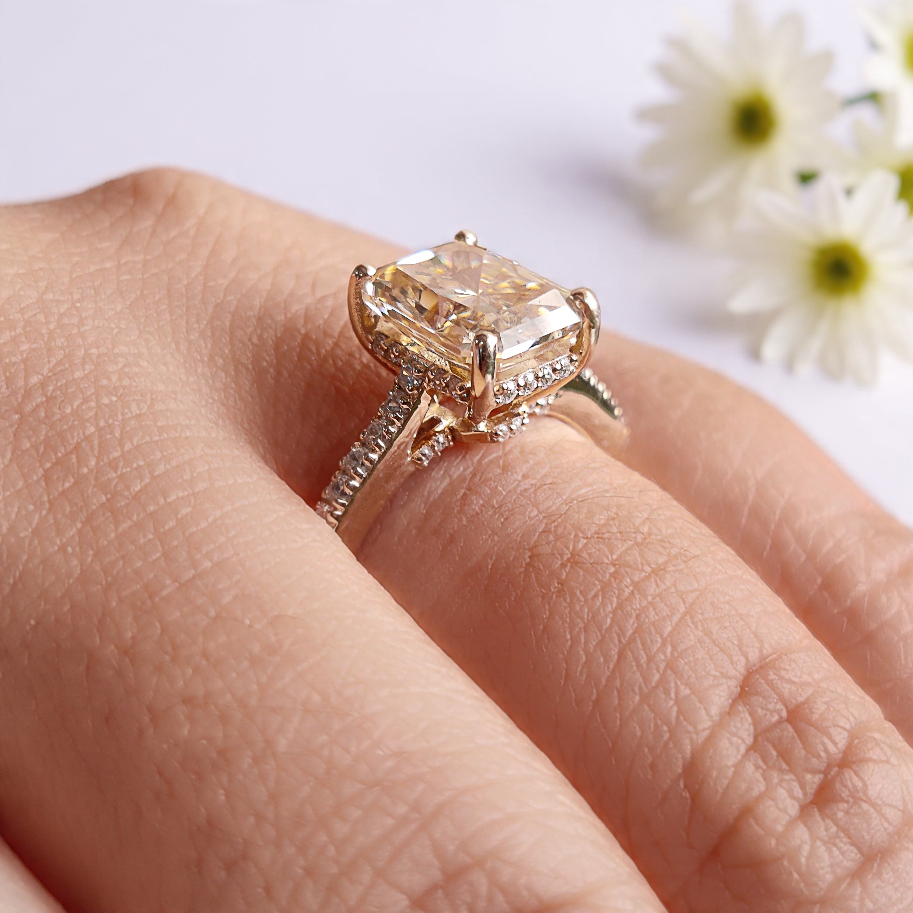 2.35 CT Radiant Crushed Ice Canary Yellow Moissanite Ring Radiant Cut Hidden Halo Set Engagement Ring Yellow Gold Ring Gift For Her FD462