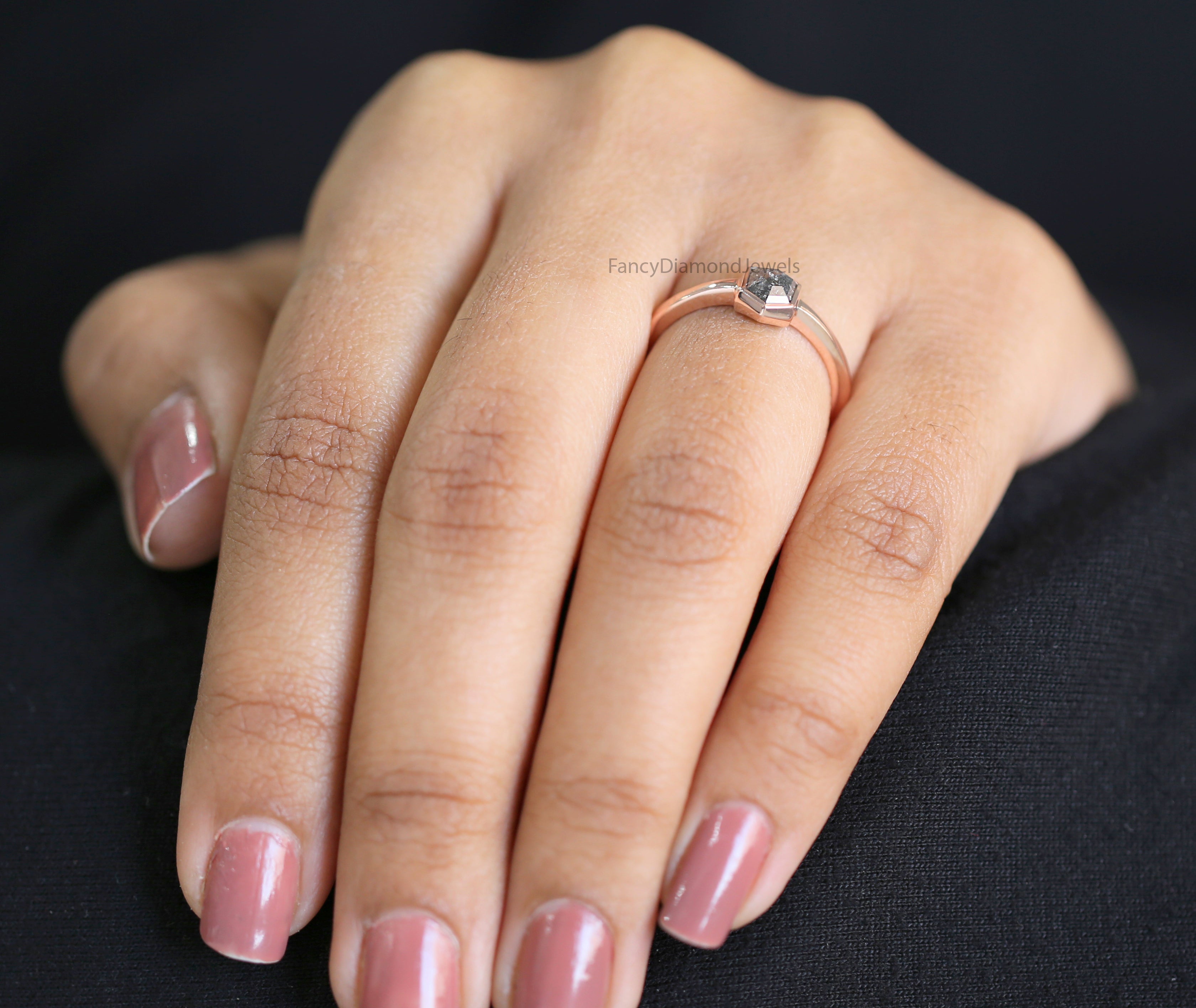 Hexagon Cut Salt And Pepper Diamond Ring 0.76 Ct 5.96 MM Hexagon Diamond Ring 14K Solid Rose Gold Silver Engagement Ring Gift For Her QN2187