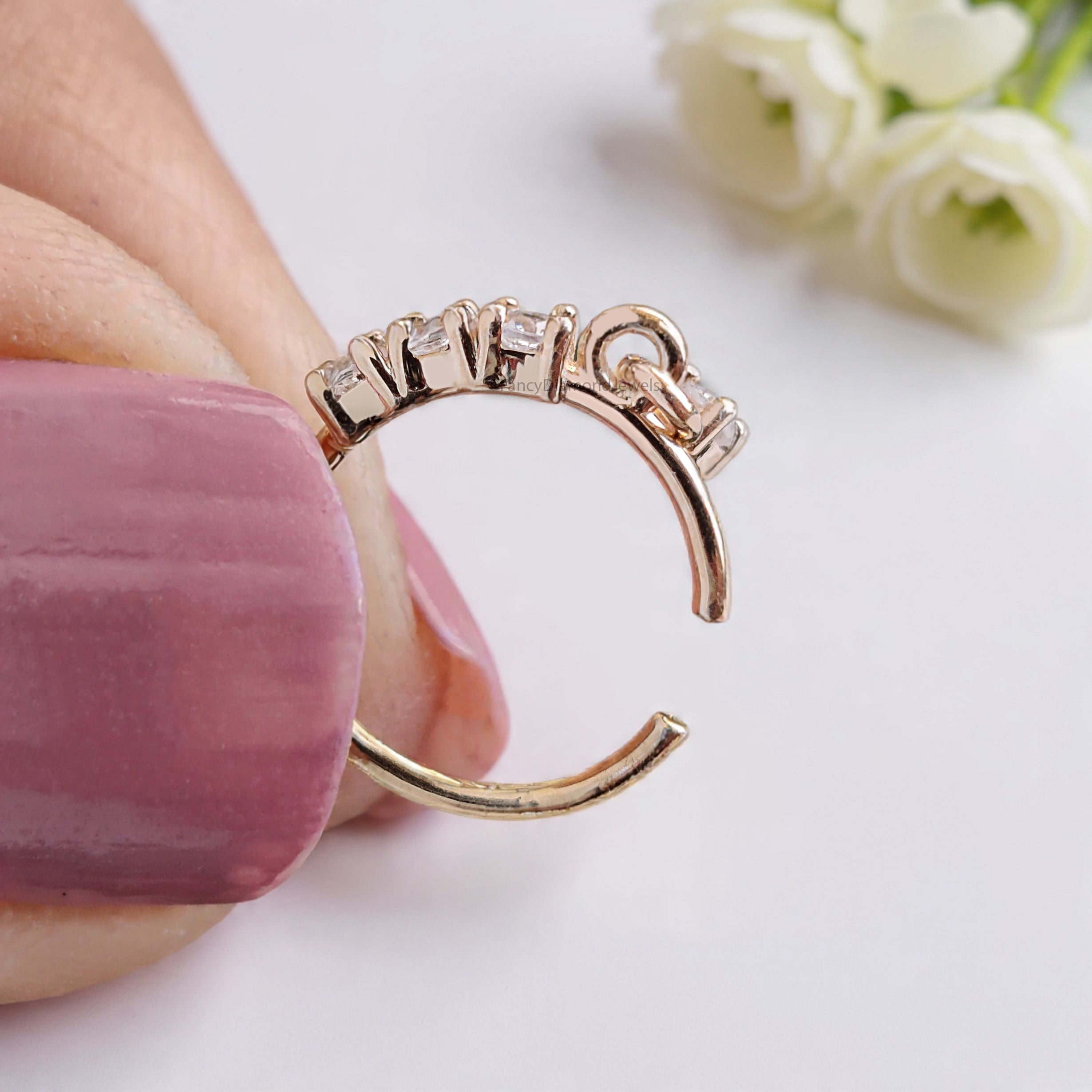 3 Diamond Gold Nose Ring With Diamond Dangling End Yellow Gold Nose Ring Gold Nose Ring Diamond Nose Stud Hoop FD486