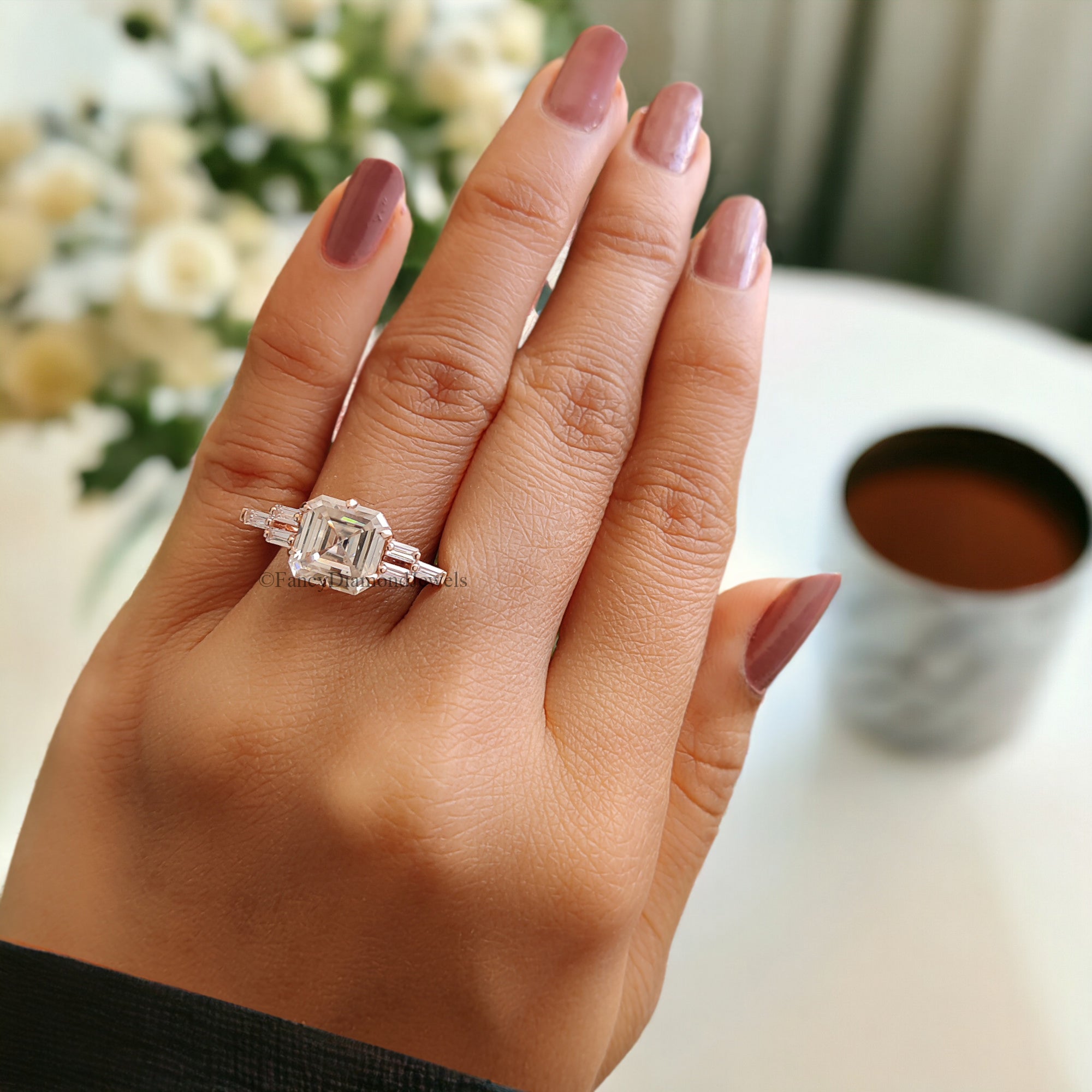 Perfect Anniversary Gift 2.50 CT Asscher Cut Colorless Moissanite Engagement Ring Side baguette Moissanite Wedding Ring Bridal Set Ring FD85