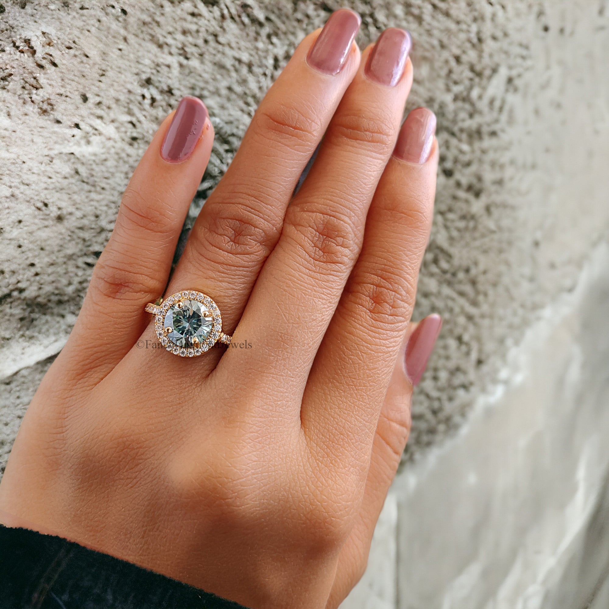 Halo Engagement Ring 1.70 CT Round Cyan Blue Moissanite Ring Wedding Ring Promise Ring Gift for Mother/Wife Ring for Women Unique Ring FD87