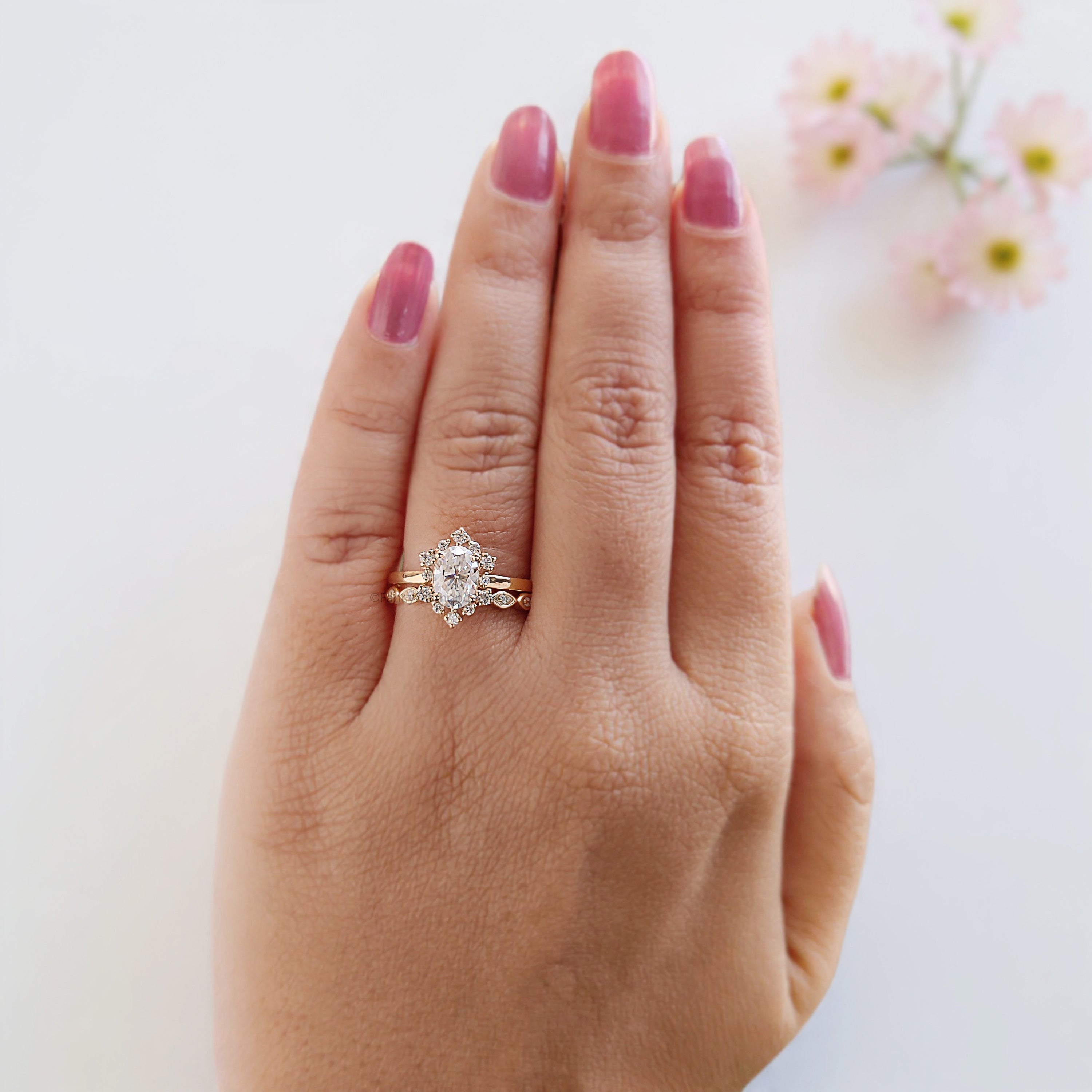 Oval Cut Lab Grown Diamond Engagement Ring Set 0.80 CT Colorless Oval Halo Set Wedding Ring For Women Anniversary Bridal Ring Set FD271