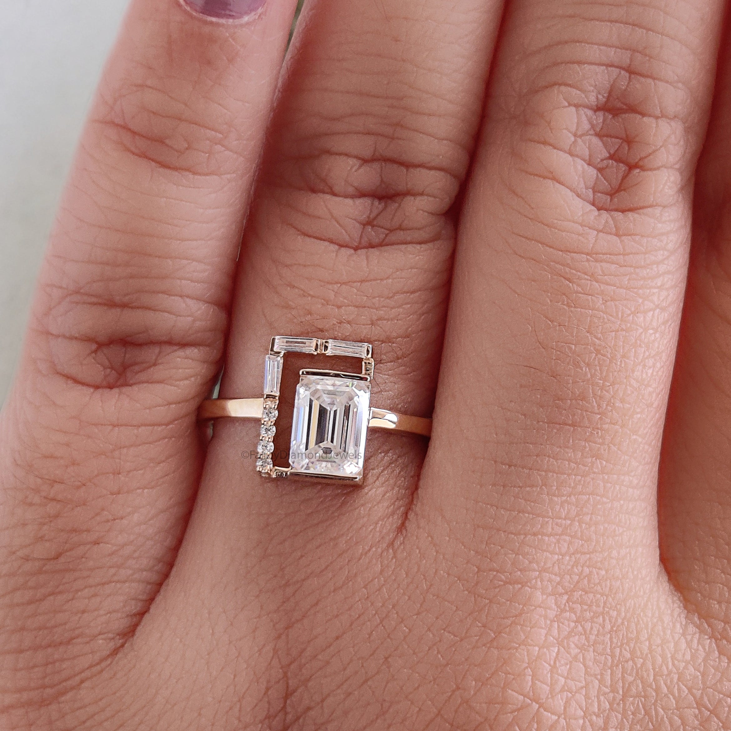 1.05 CT Emerald cut Lab Grown Baguette Diamond Engagement Ring Emerald Diamond Statement ring Half Bezel Set Emerald Ring for Her FD469