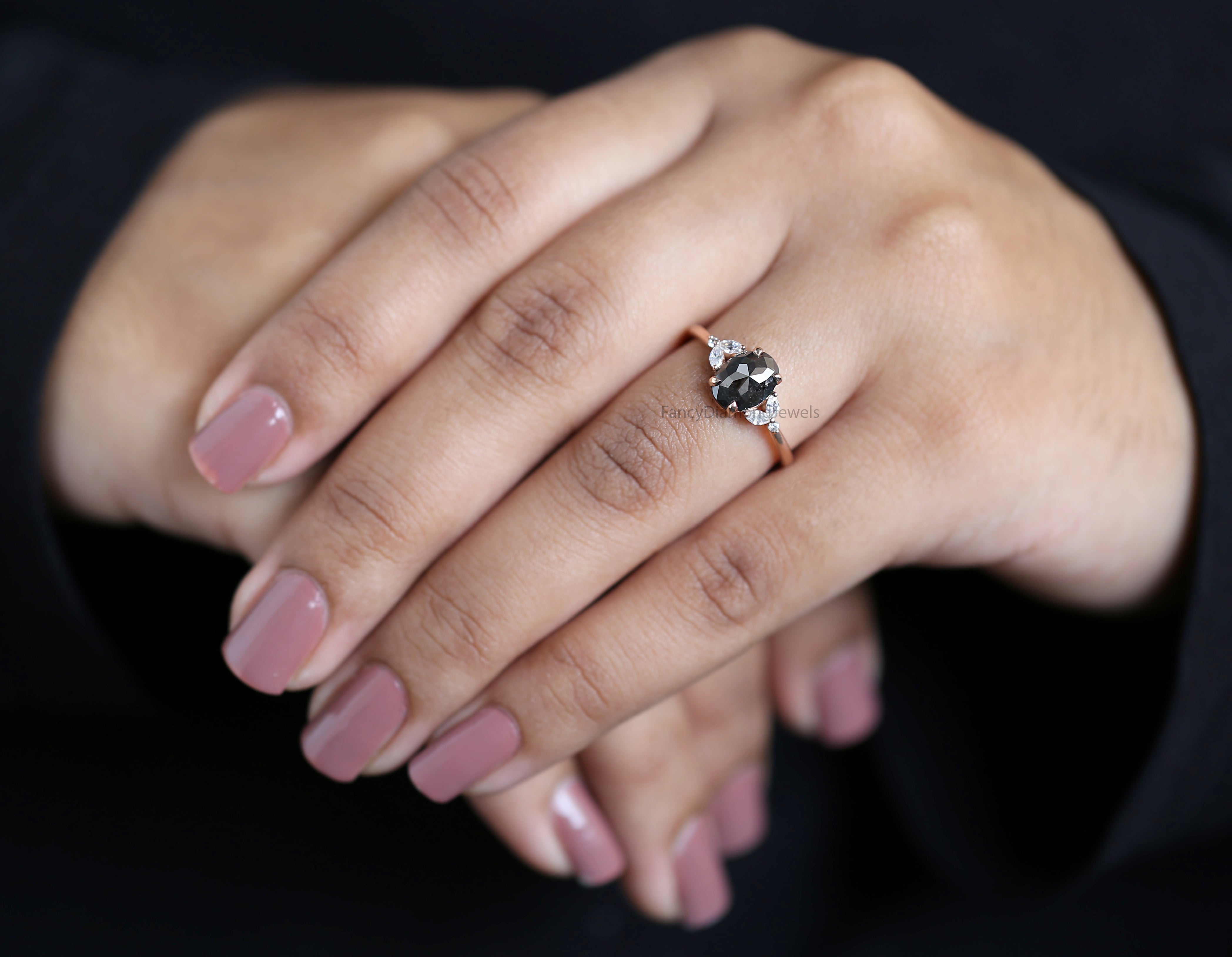 Oval Cut Salt And Pepper Diamond Ring 1.49 Ct 8.03 MM Oval Diamond Ring 14K Solid Rose Gold Silver Oval Engagement Ring Gift For Her QL2889