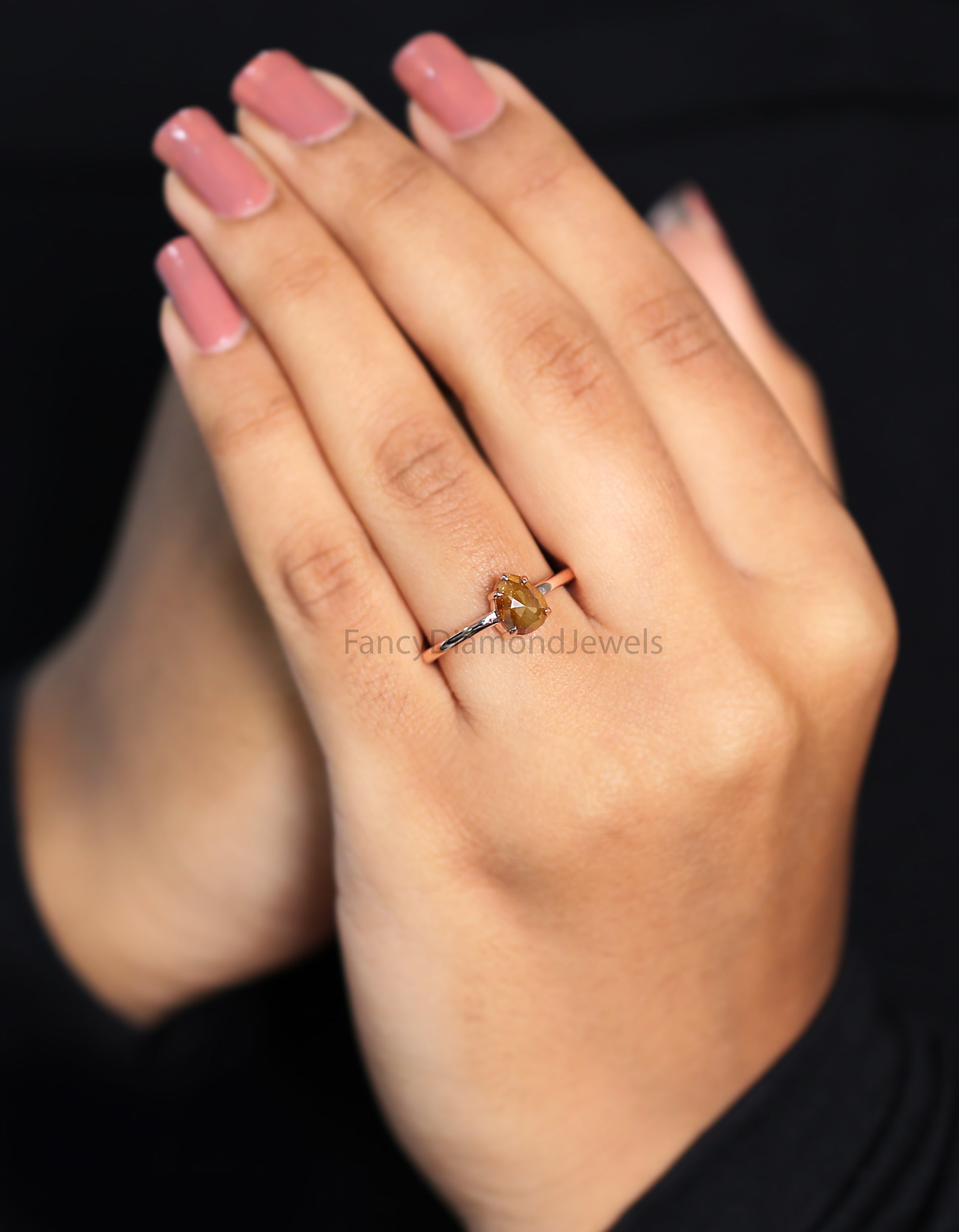 Pear Cut Brown Color Diamond Ring 1.10 Ct 7.23 MM Pear Diamond Ring 14K Solid Rose Gold Silver Pear Engagement Ring Gift For Her QL2845