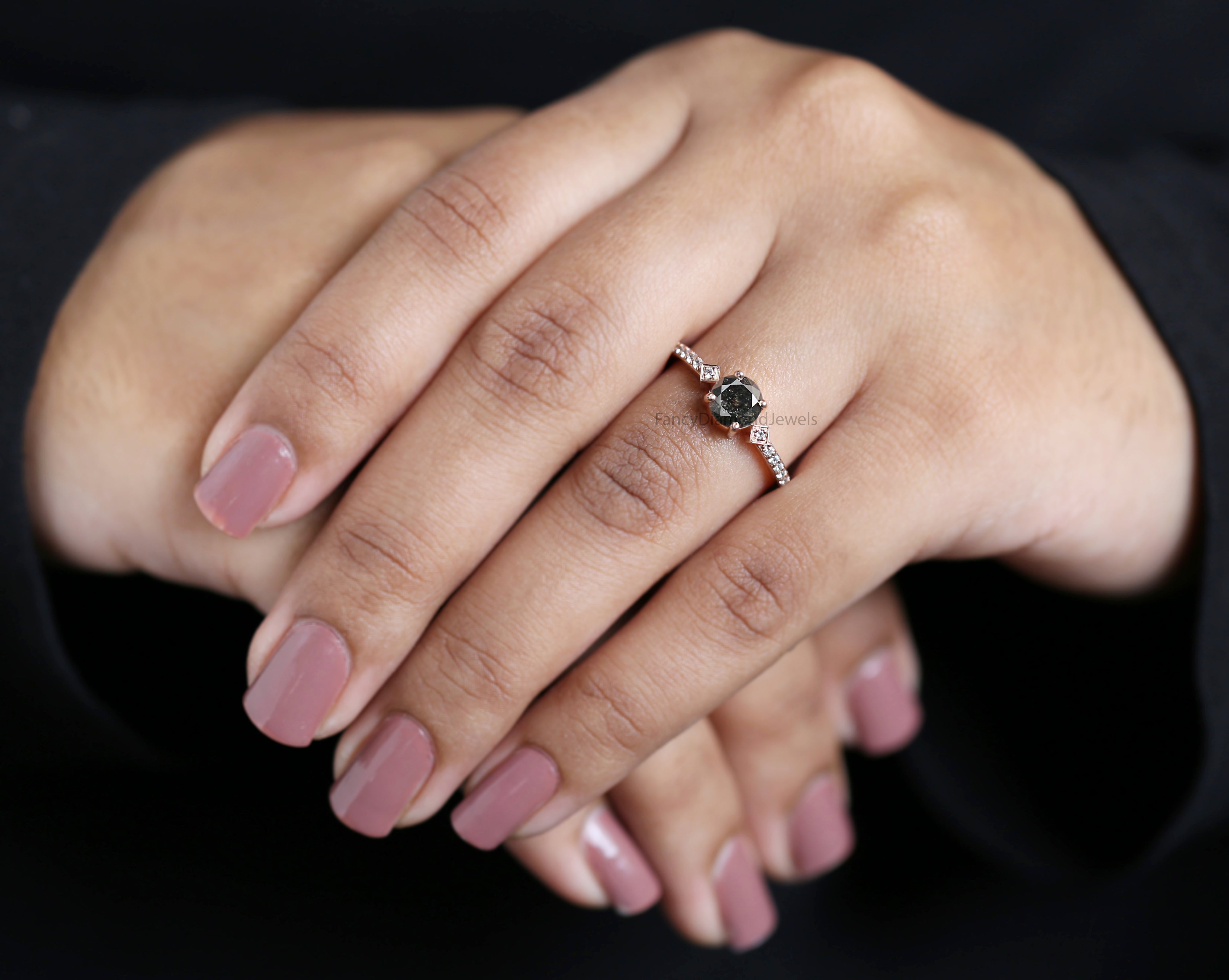 Round Salt And Pepper Diamond Ring 1.01 Ct 5.95 MM Round Cut Diamond Ring 14K Solid Rose Gold Silver Engagement Ring Gift For Her QL3094