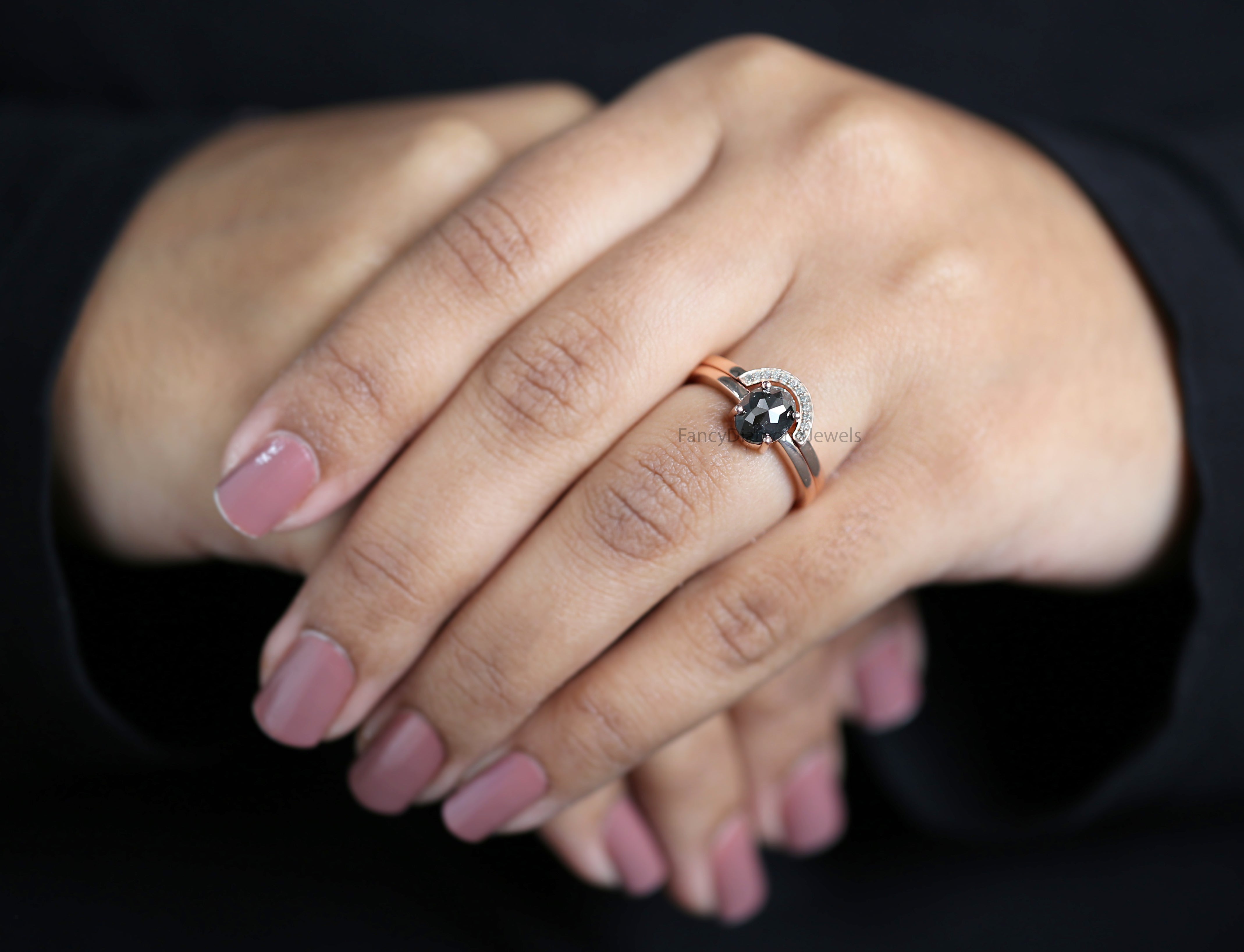 Oval Cut Salt And Pepper Diamond Ring 1.28 Ct 7.55 MM Oval Diamond Ring 14K Solid Rose Gold Silver Oval Engagement Ring Gift For Her QL3079