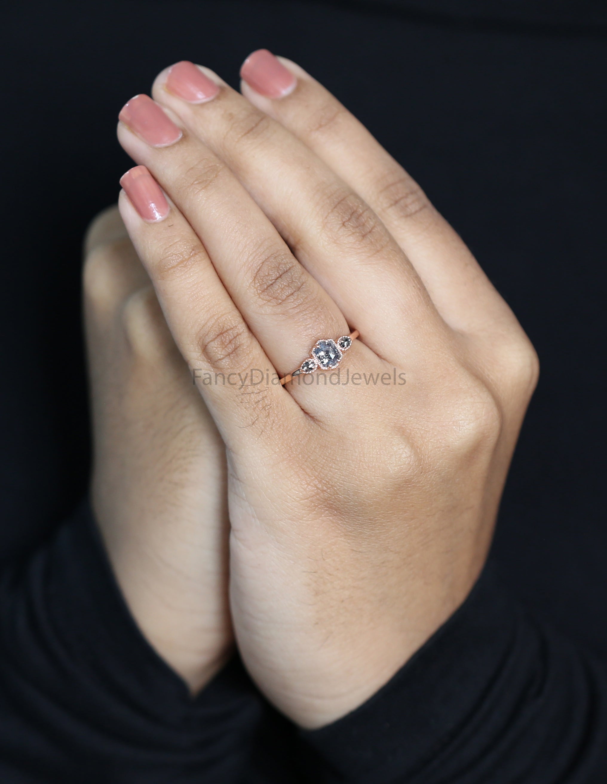Hexagon Cut Salt And Pepper Diamond Ring 0.62 Ct 5.72 MM Hexagon Diamond Ring 14K Solid Rose Gold Silver Engagement Ring Gift For Her QK2593