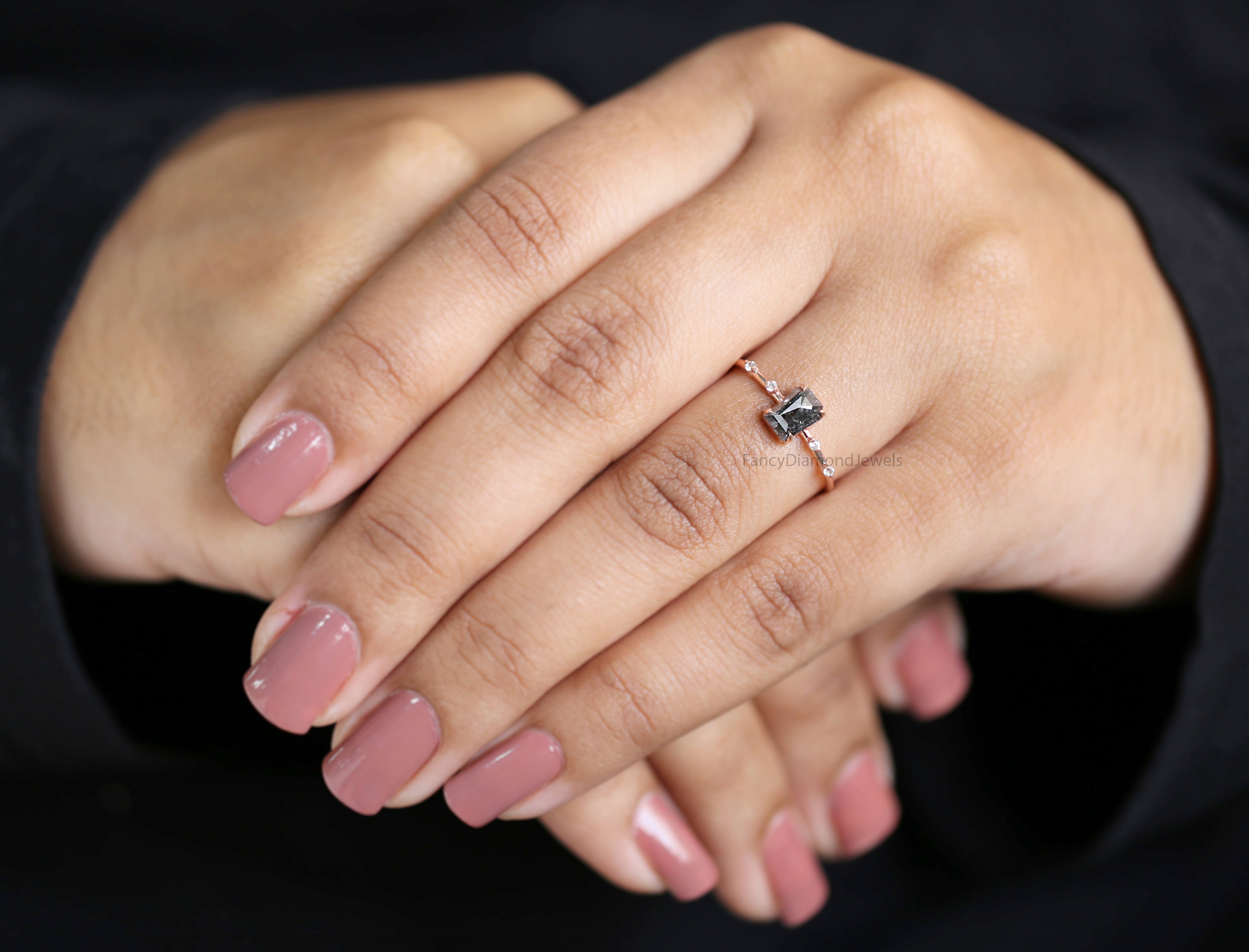 Coffin Cut Salt And Pepper Diamond Ring 0.87 Ct 6.00 MM Coffin Diamond Ring 14K Solid Rose Gold Silver Engagement Ring Gift For Her QN8841