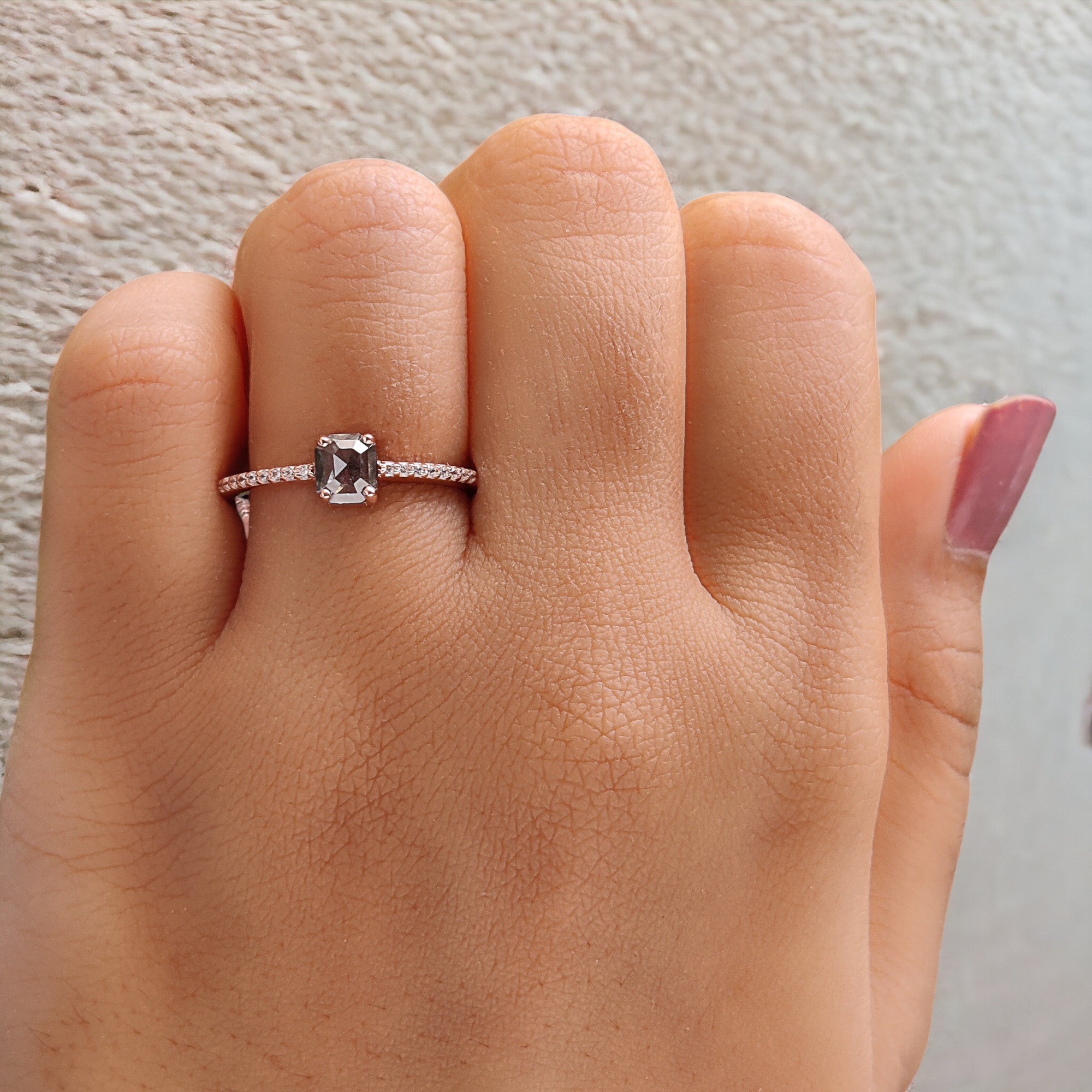 Emerald Cut Salt And Pepper Diamond Ring 0.50 Ct 5.10 MM Emerald Diamond Ring 14K Solid Rose Gold Silver Engagement Ring Gift For Her QL6484
