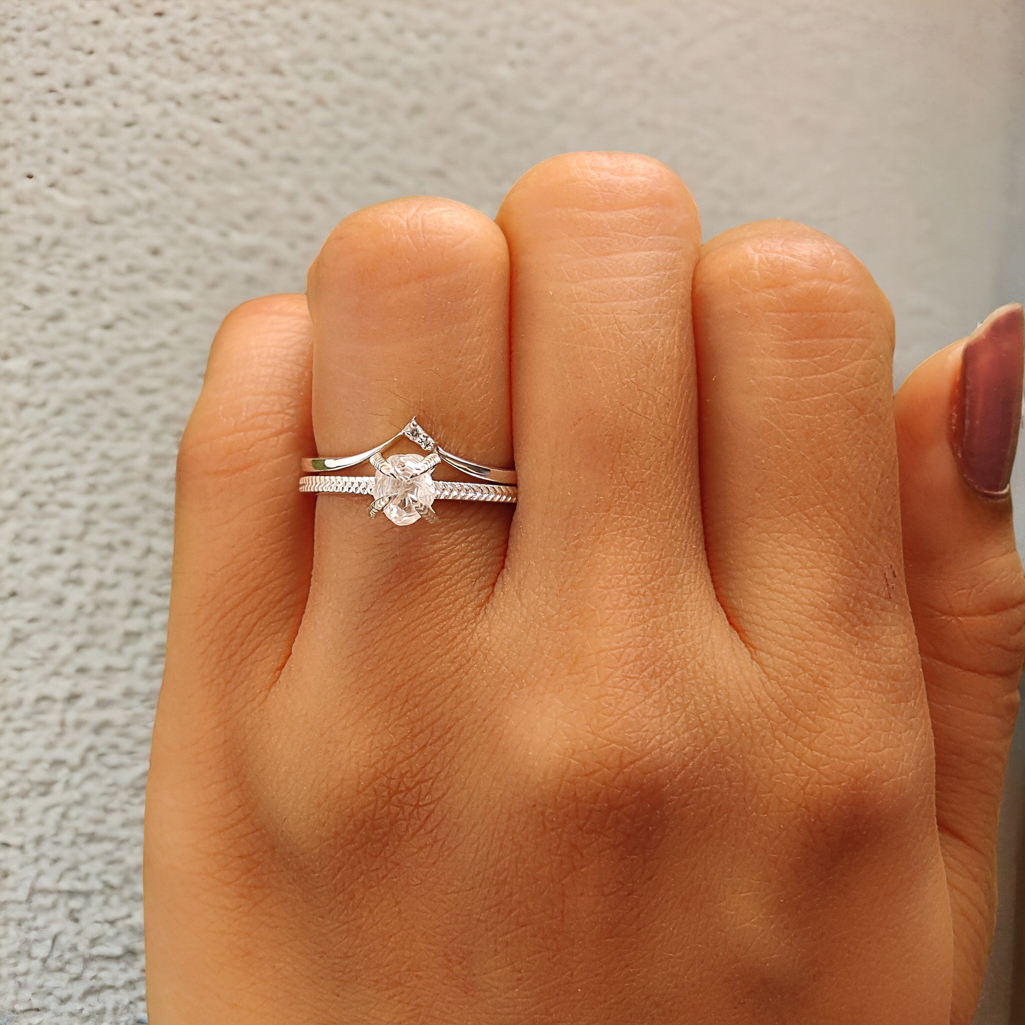 Rough White-F Color Diamond Ring 0.97 Ct 5.39 MM Crystal Rough Diamond Ring 14K Solid White Gold Silver Engagement Ring Gift For Her QL2470