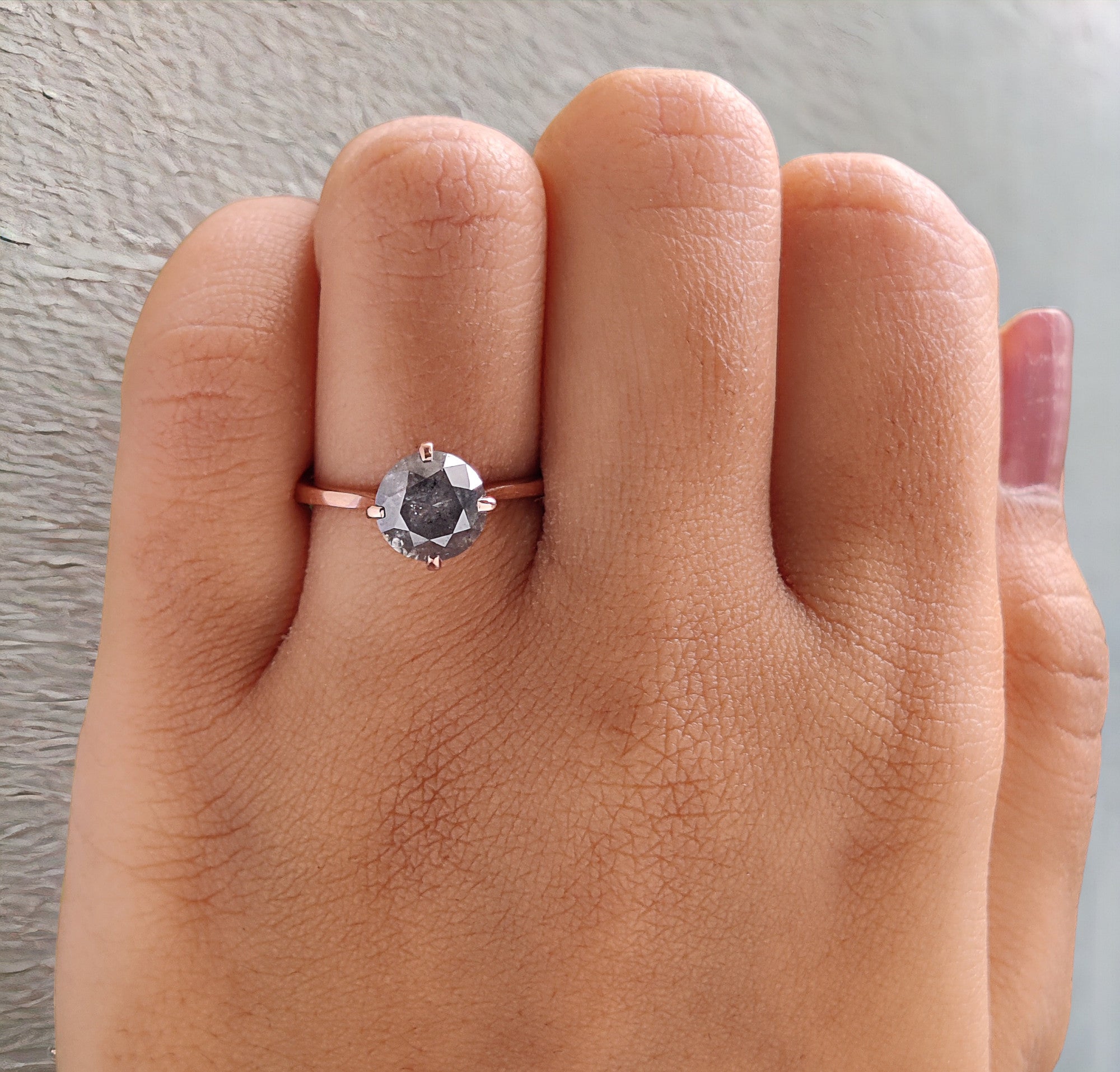 Round Cut Salt And Pepper Diamond Ring 2.11 Ct 7.50 MM Round Diamond Ring 14K Solid Rose Gold Silver Engagement Ring Gift For Her QK1991