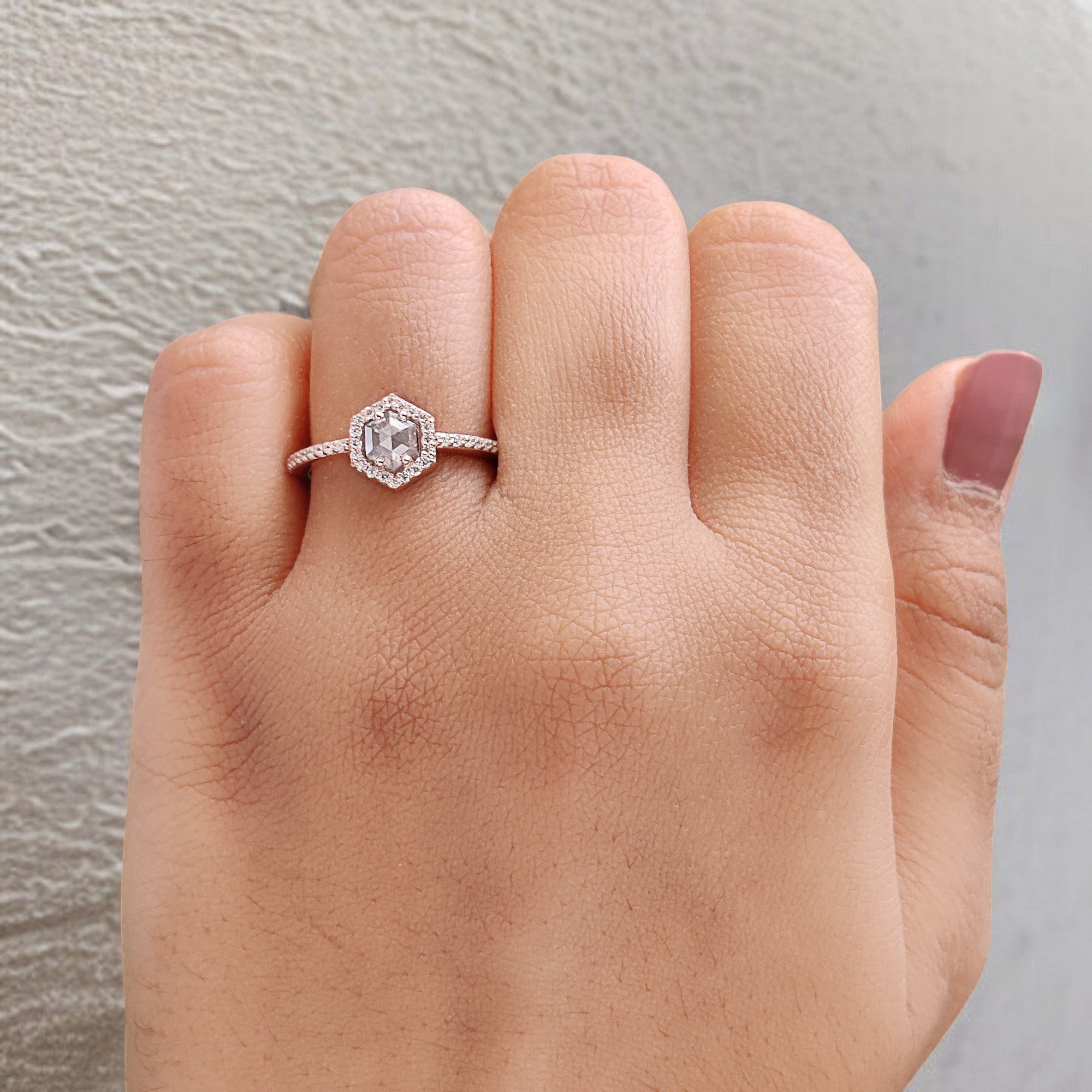 Hexagon Cut Salt And Pepper Diamond Ring 0.57 Ct 5.20 MM Hexagon Diamond Ring 14K Solid Rose Gold Silver Engagement Ring Gift For Her QL7965