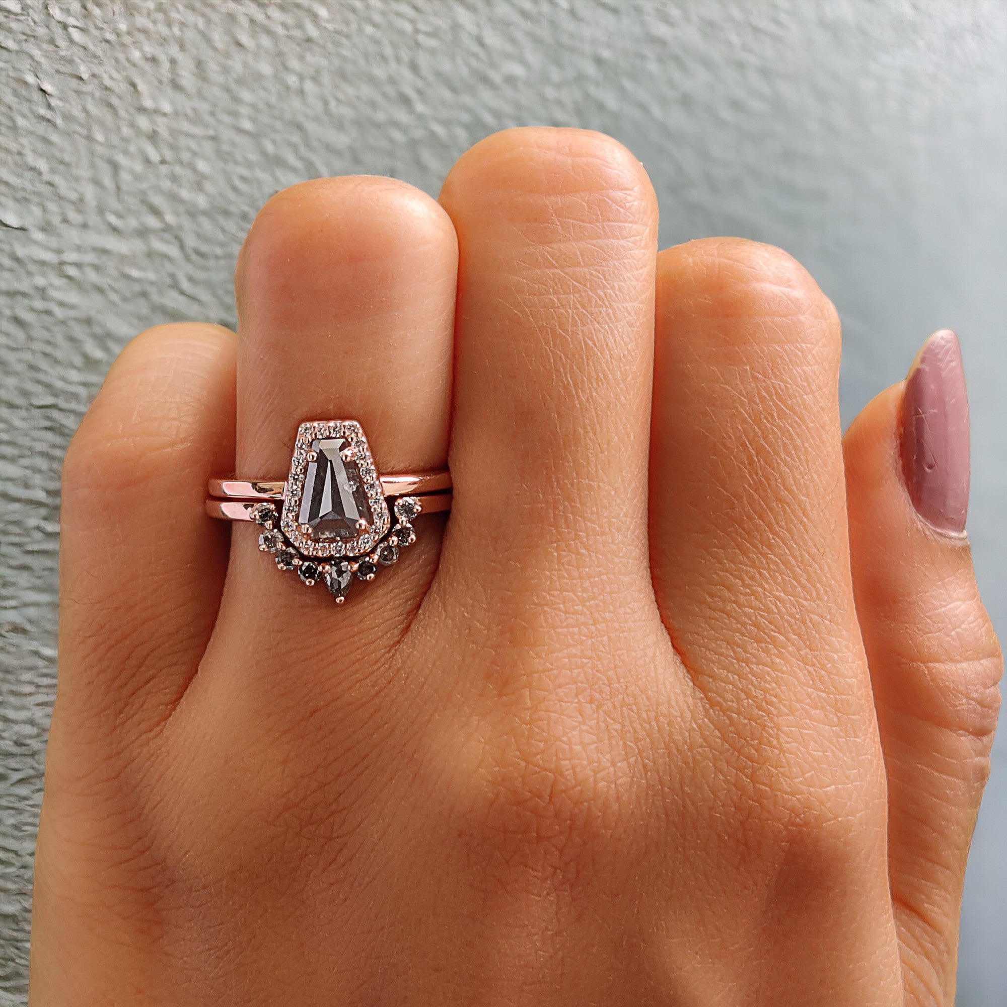 Coffin Cut Salt And Pepper Diamond Ring 0.69 Ct 6.90 MM Coffin Diamond Ring 14K Solid Rose Gold Silver Engagement Ring Gift For Her QL506