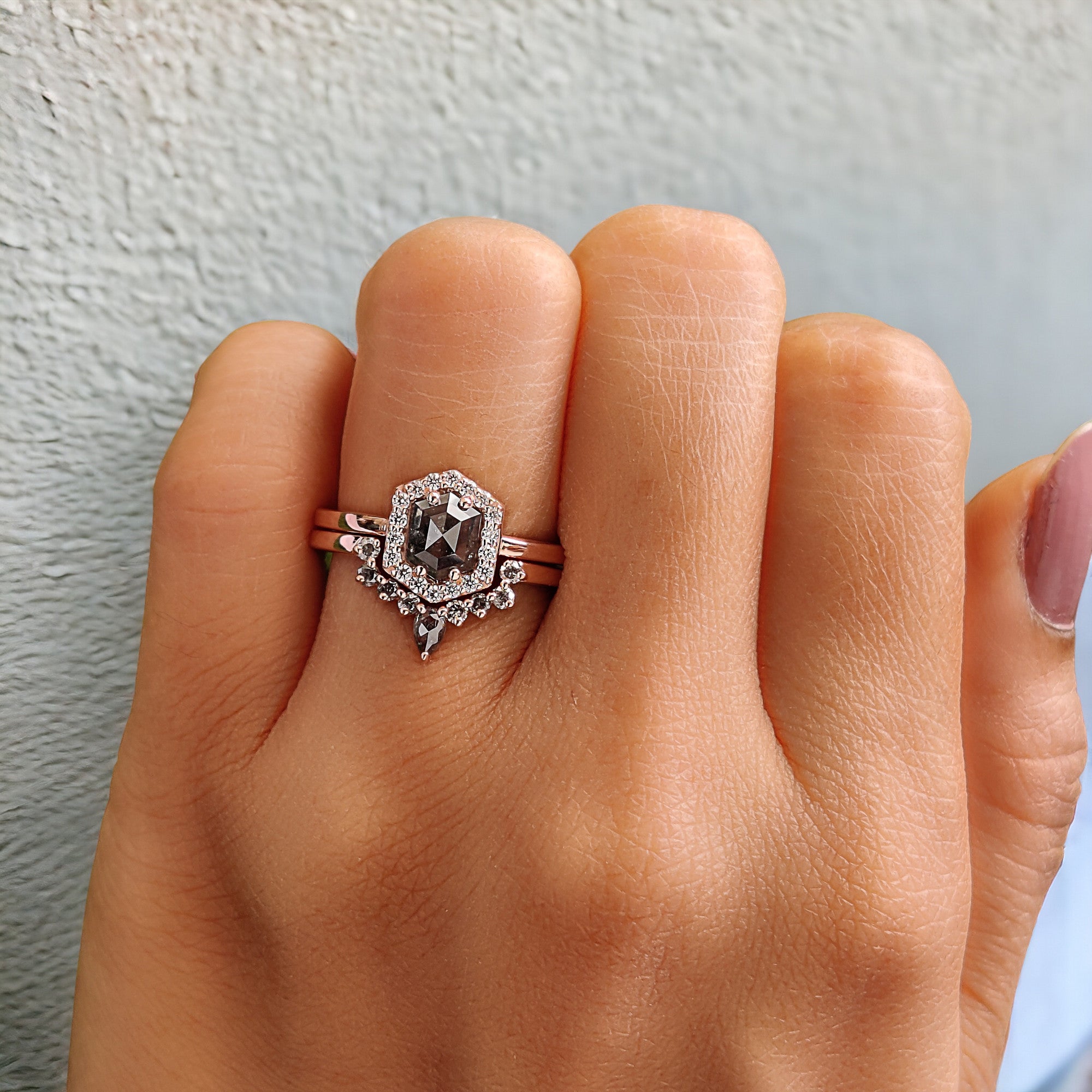 Hexagon Salt And Pepper Diamond Ring 0.80 Ct 6.30 MM Hexagon Cut Diamond Ring 14K Solid Rose Gold Silver Engagement Ring Gift For Her QL637