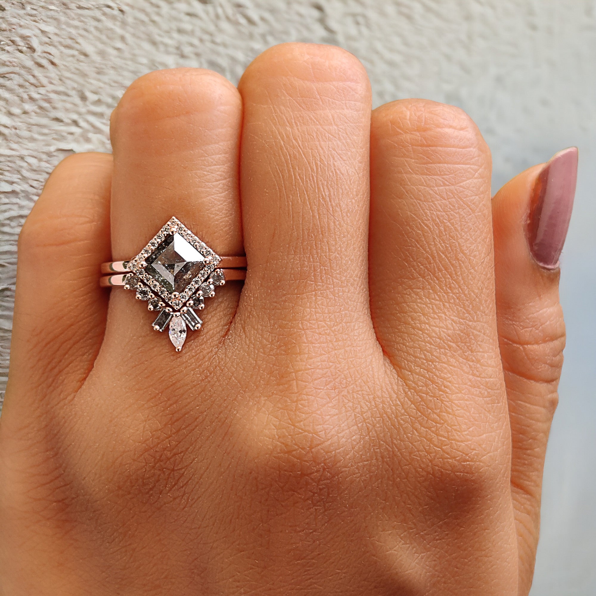 Kite Cut Salt And Pepper Diamond Ring 0.96 Ct 7.80 MM Kite Diamond Ring 14K Solid Rose Gold Silver Kite Engagement Ring Gift For Her QL221