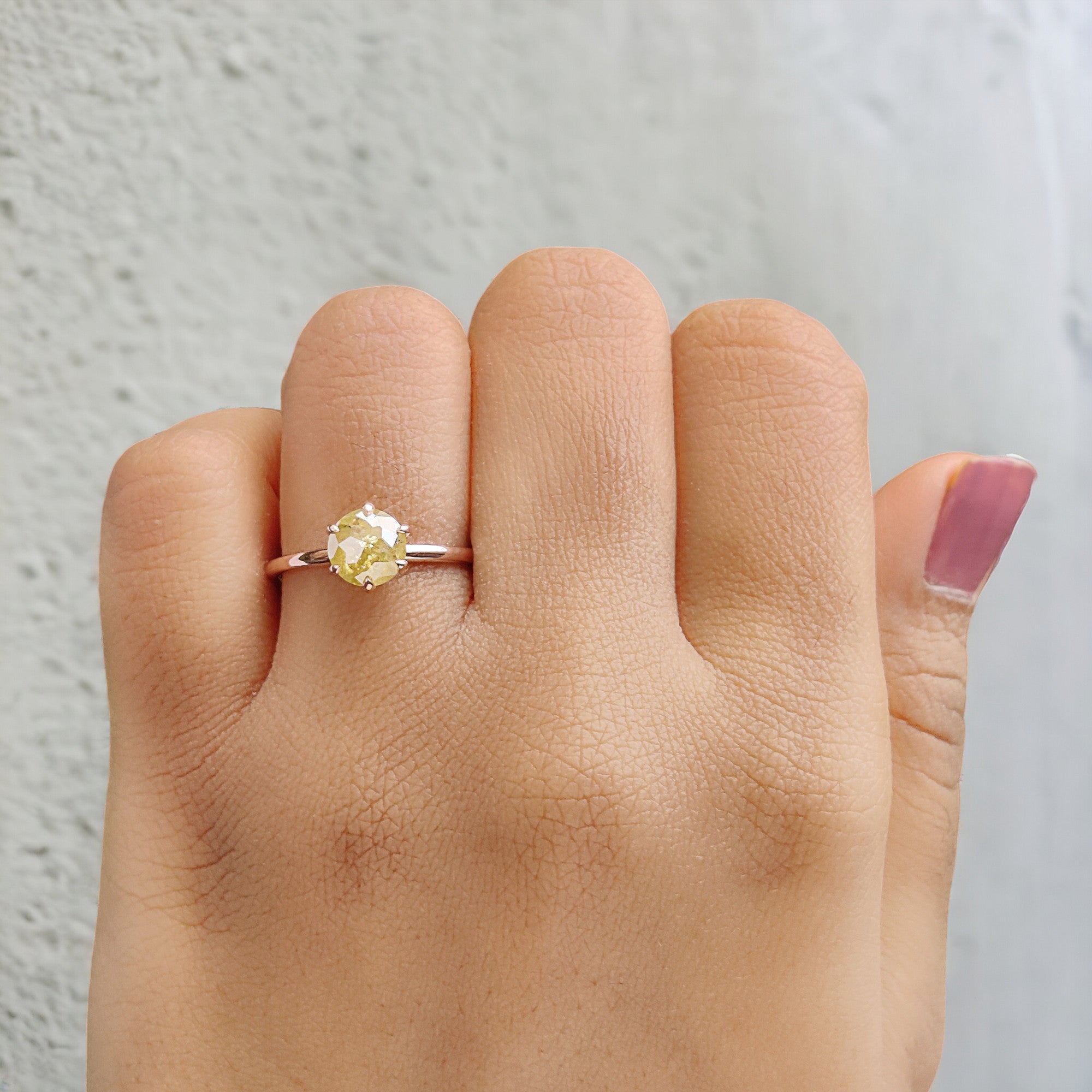 Round Rose Cut Yellow Color Diamond Ring 1.07 Ct 6.41 MM Round Shape Diamond Ring 14K Rose Gold Silver Engagement Ring Gift For Her QK2496