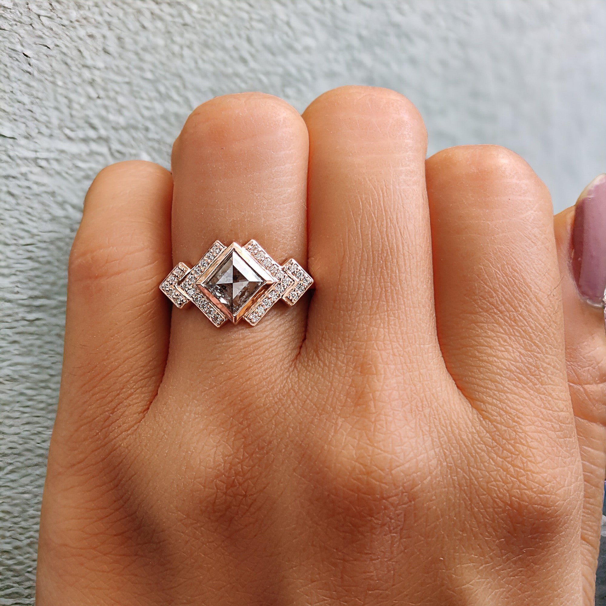 Kite Cut Salt And Pepper Diamond Ring 0.96 Ct 7.75 MM Kite Diamond Ring 14K Solid Rose Gold Silver Kite Engagement Ring Gift For Her QL2757