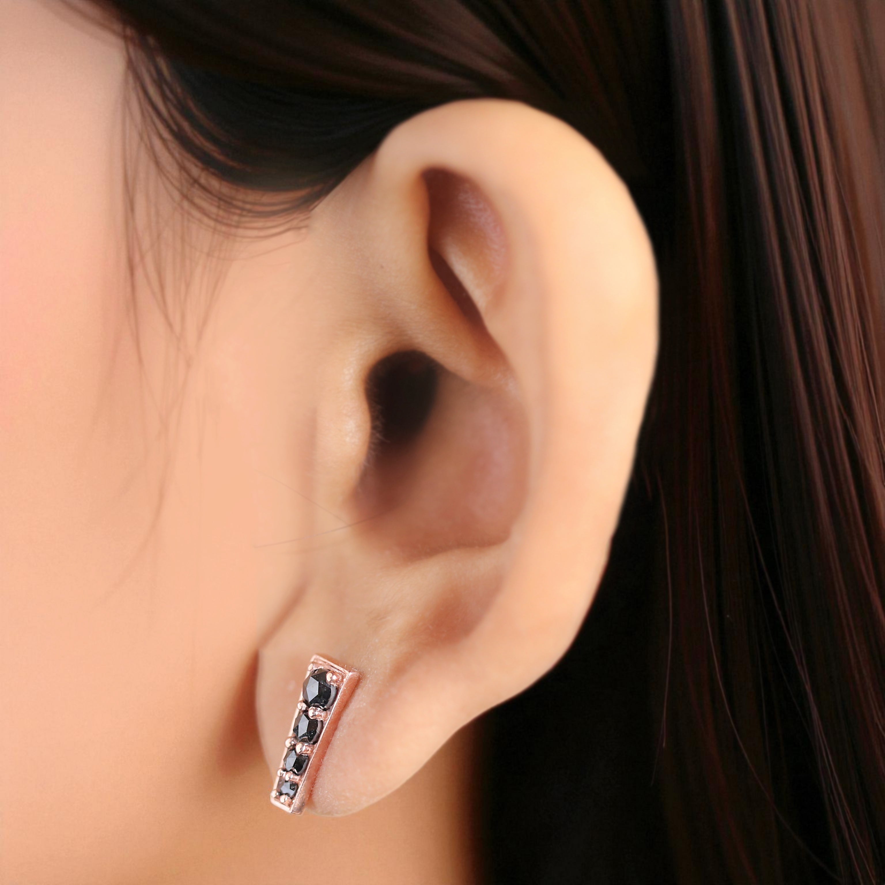 Round Rose Cut Black Color Diamond Earring 0.75 CT Round Diamond Earring 14K Solid Rose Gold Silver Round Cut Earring Gift For Her KD949