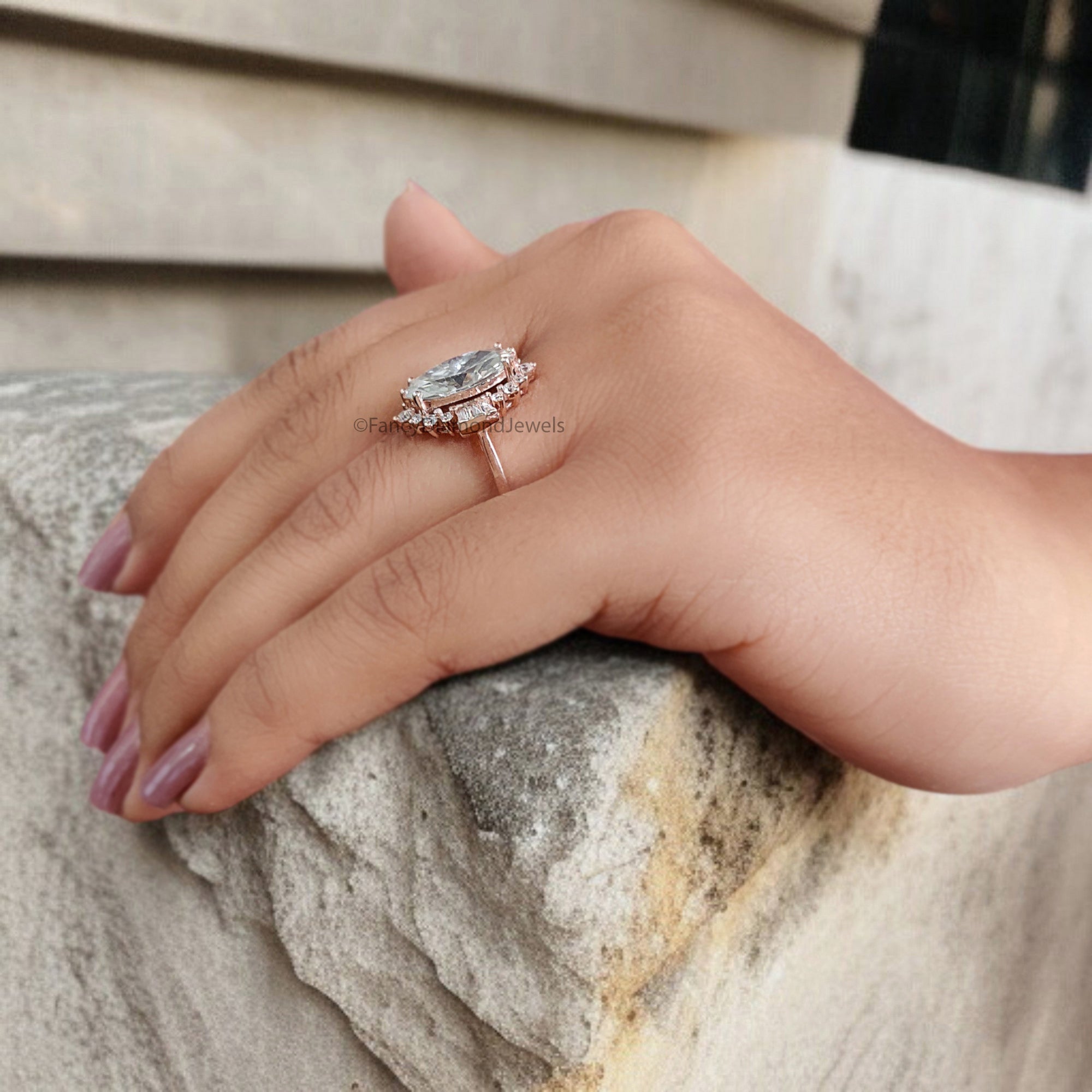 2.00 CT Marquise Cut Moissanite Engagement Ring with Side Baguette Moissanite Ring Bridal Ring Rose Gold Ring Wedding Promise Ring FD334